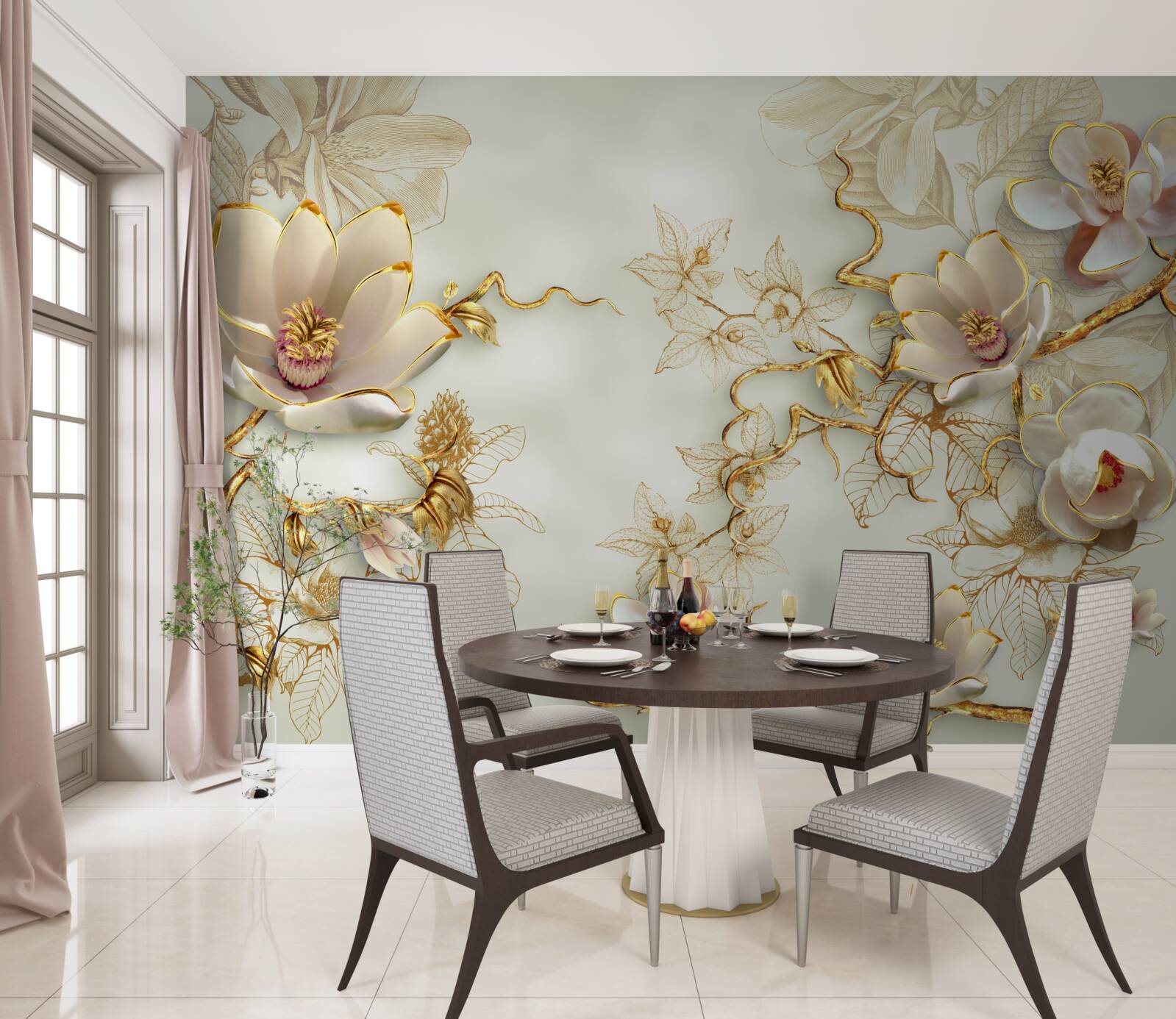 Fototapet ramuri presărate cu flori aurii și albe ca zăpada