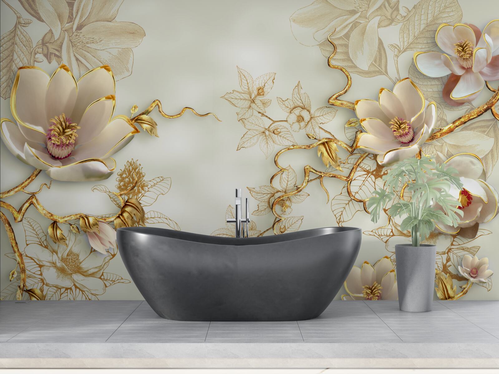 Fototapet ramuri presărate cu flori aurii și albe ca zăpada