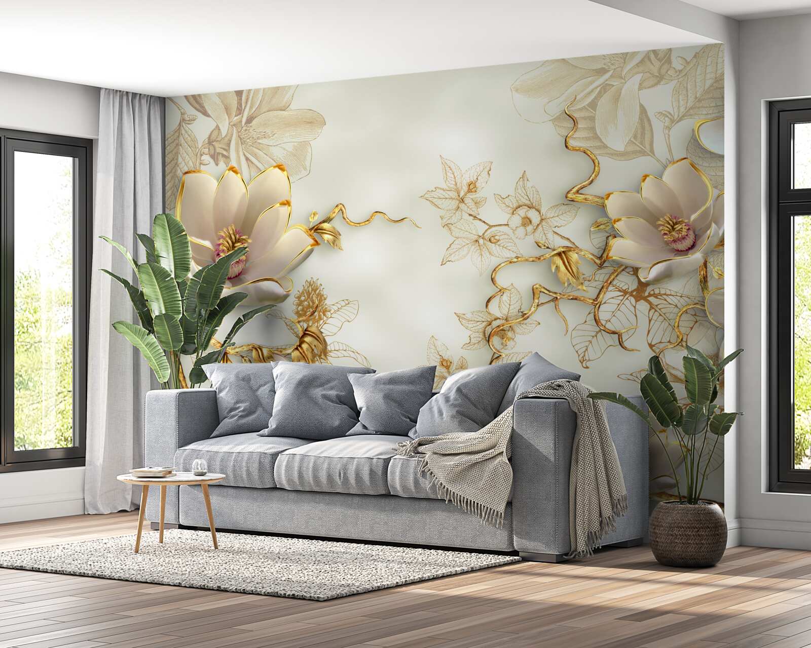 Fototapet ramuri presărate cu flori aurii și albe ca zăpada