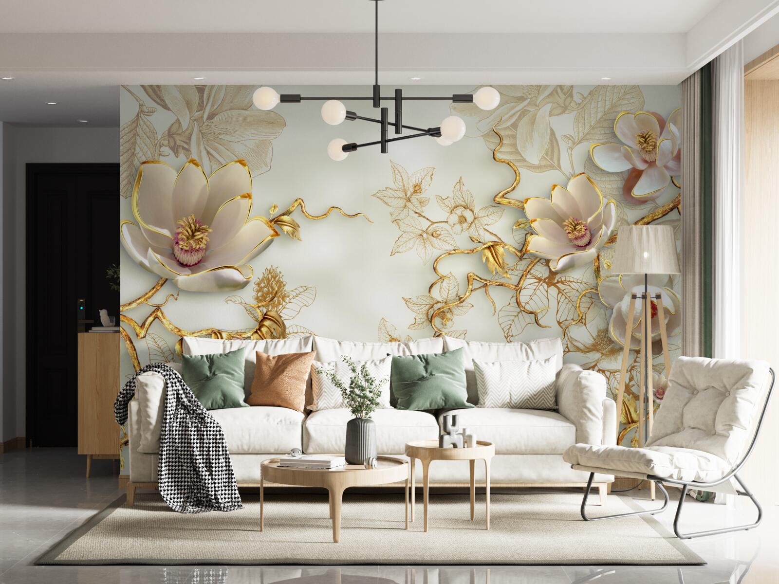 Fototapet ramuri presărate cu flori aurii și albe ca zăpada