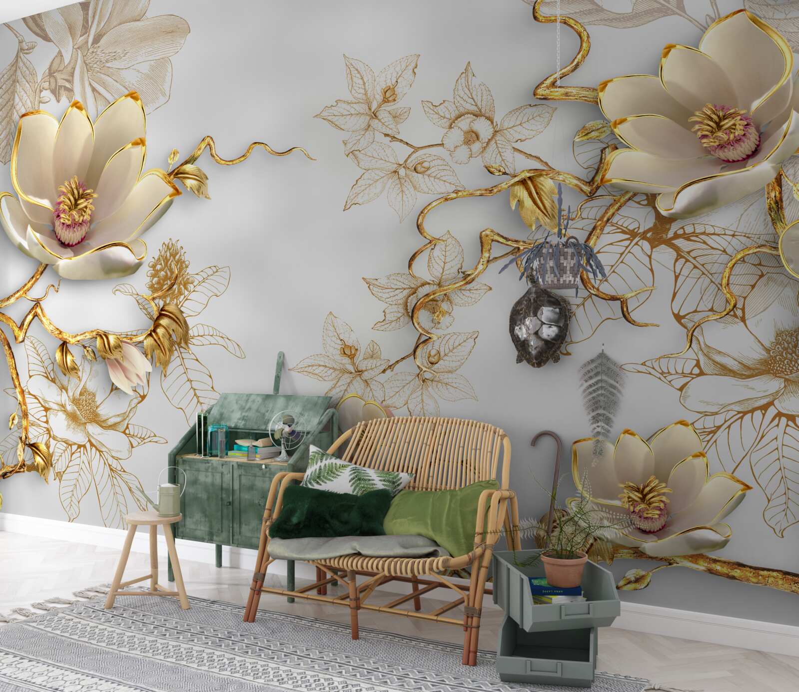 Fototapet magnolia înflorește în nuanțe aurii