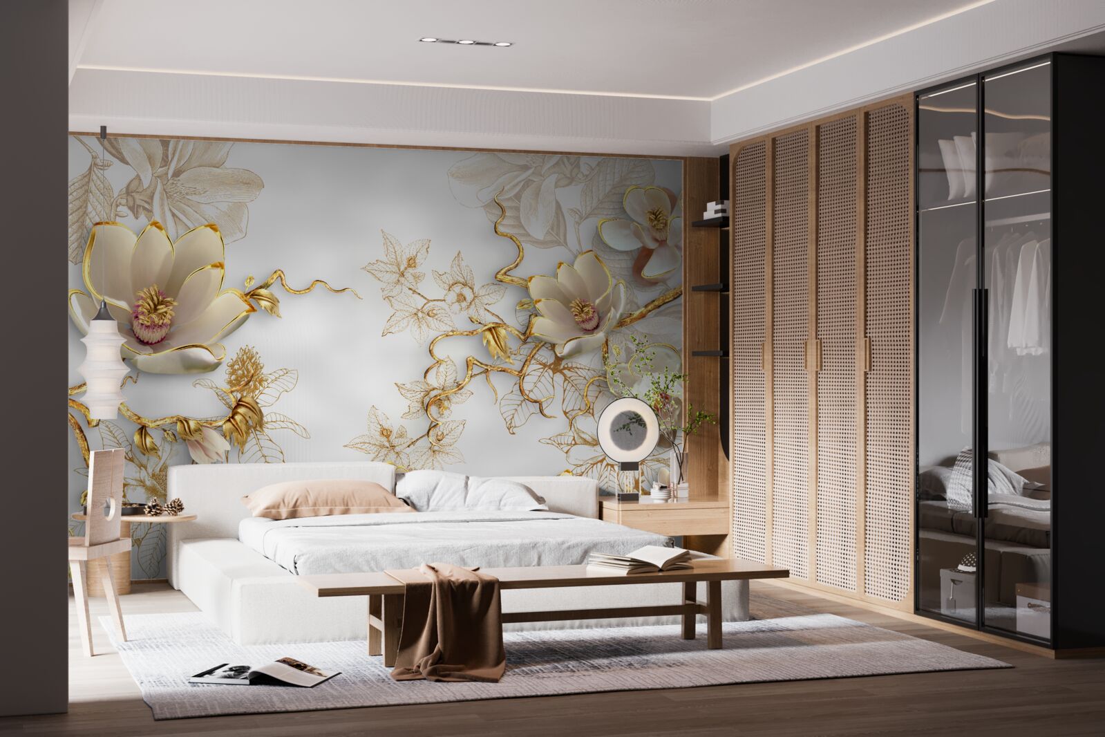 Fototapet magnolia înflorește în nuanțe aurii