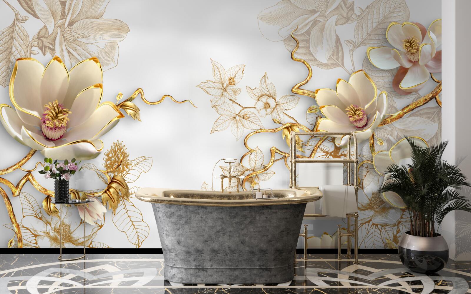 Fototapet magnolia înflorește în nuanțe aurii