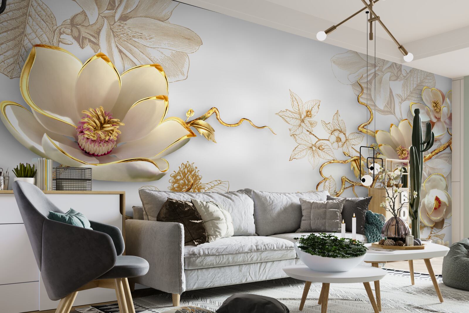 Fototapet magnolia înflorește în nuanțe aurii