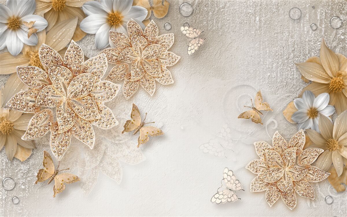 Fototapet lotus alb și flori cu diviziune aurie