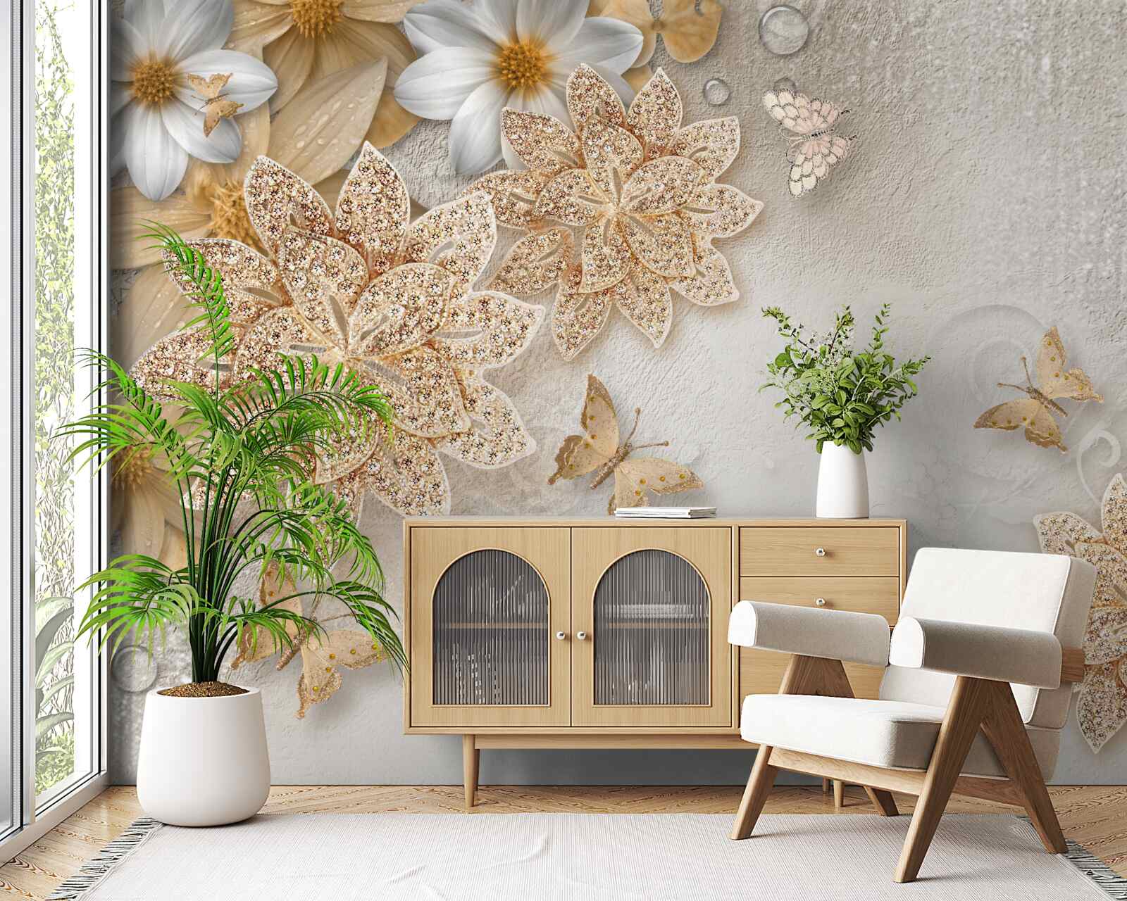 Fototapet lotus alb și flori cu diviziune aurie