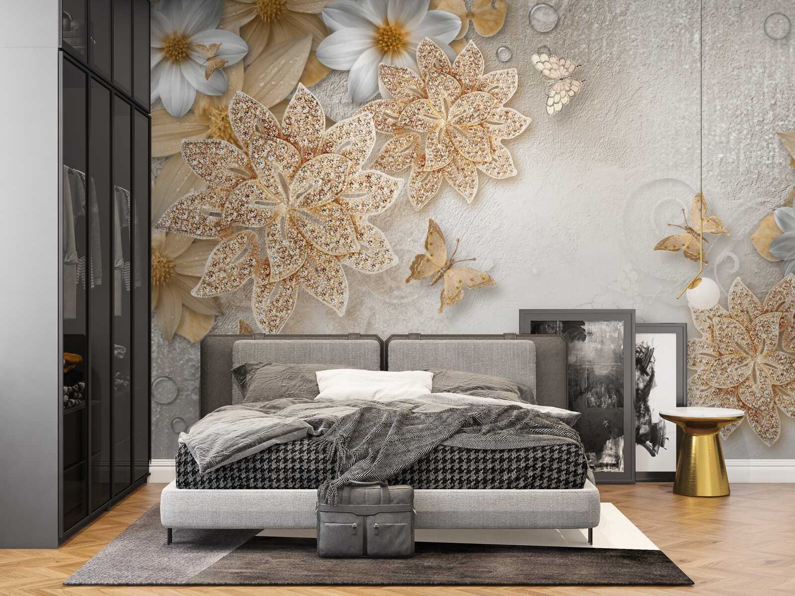 Fototapet lotus alb și flori cu diviziune aurie