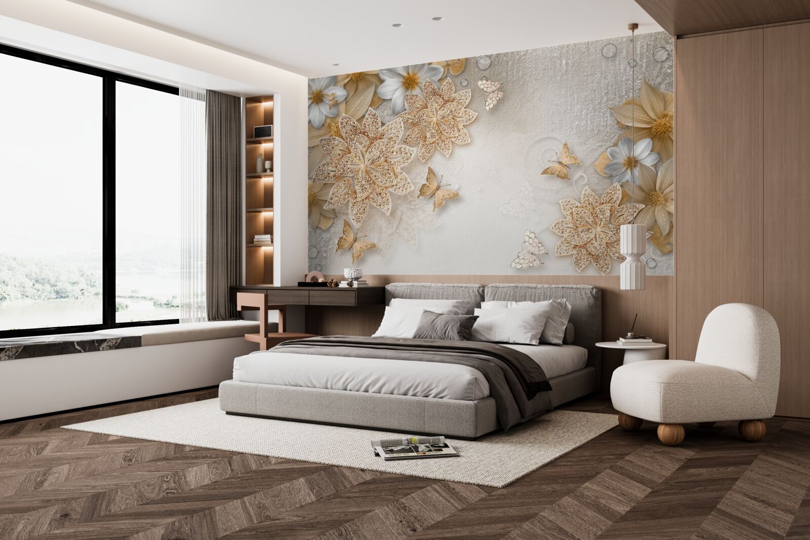 Fototapet lotus alb și flori cu diviziune aurie