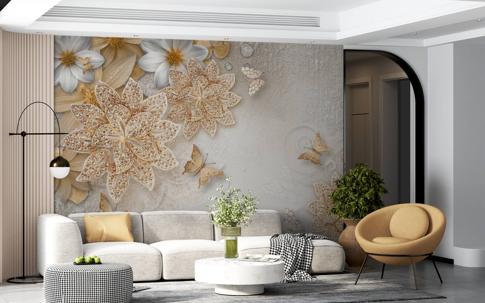 Fototapet lotus alb și flori cu diviziune aurie