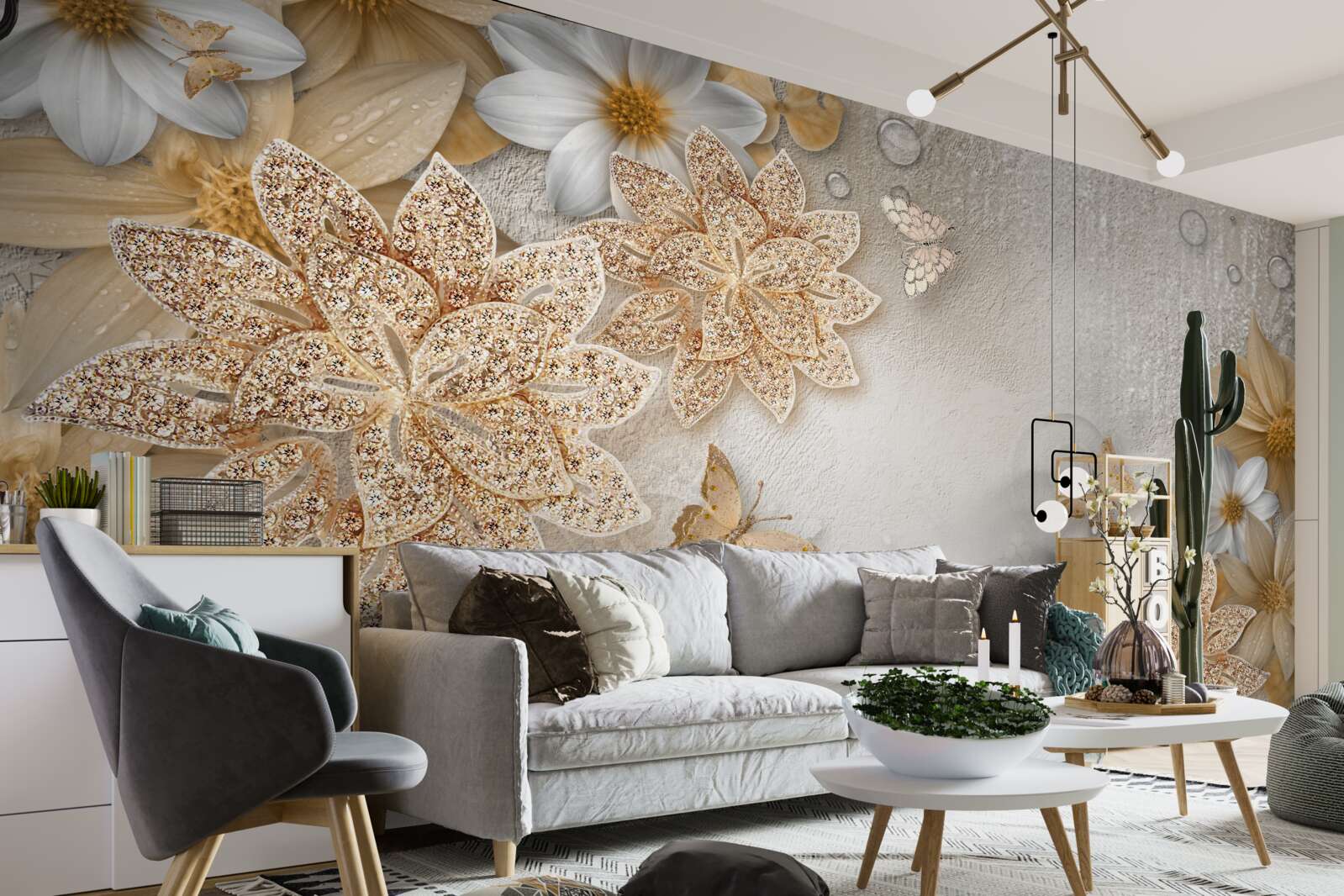 Fototapet lotus alb și flori cu diviziune aurie