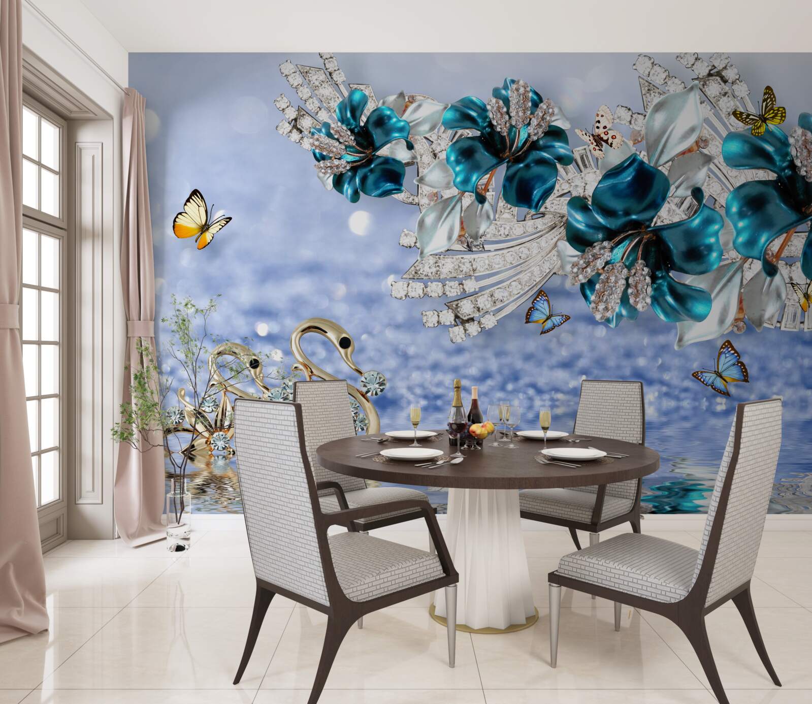 Fototapet magnolii cu flori albastru cristal și fluturi