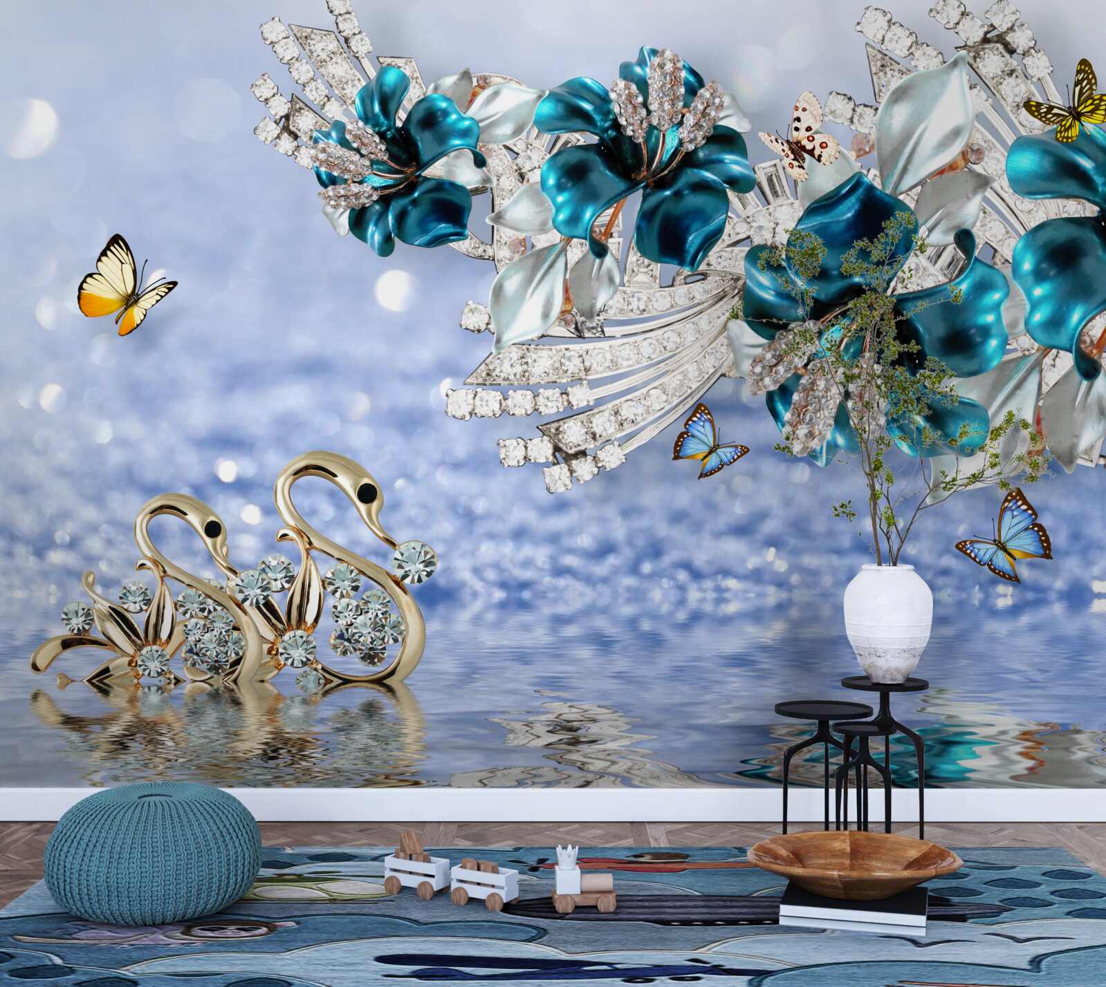 Fototapet magnolii cu flori albastru cristal și fluturi