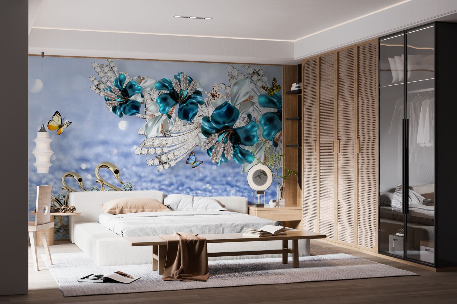 Fototapet magnolii cu flori albastru cristal și fluturi