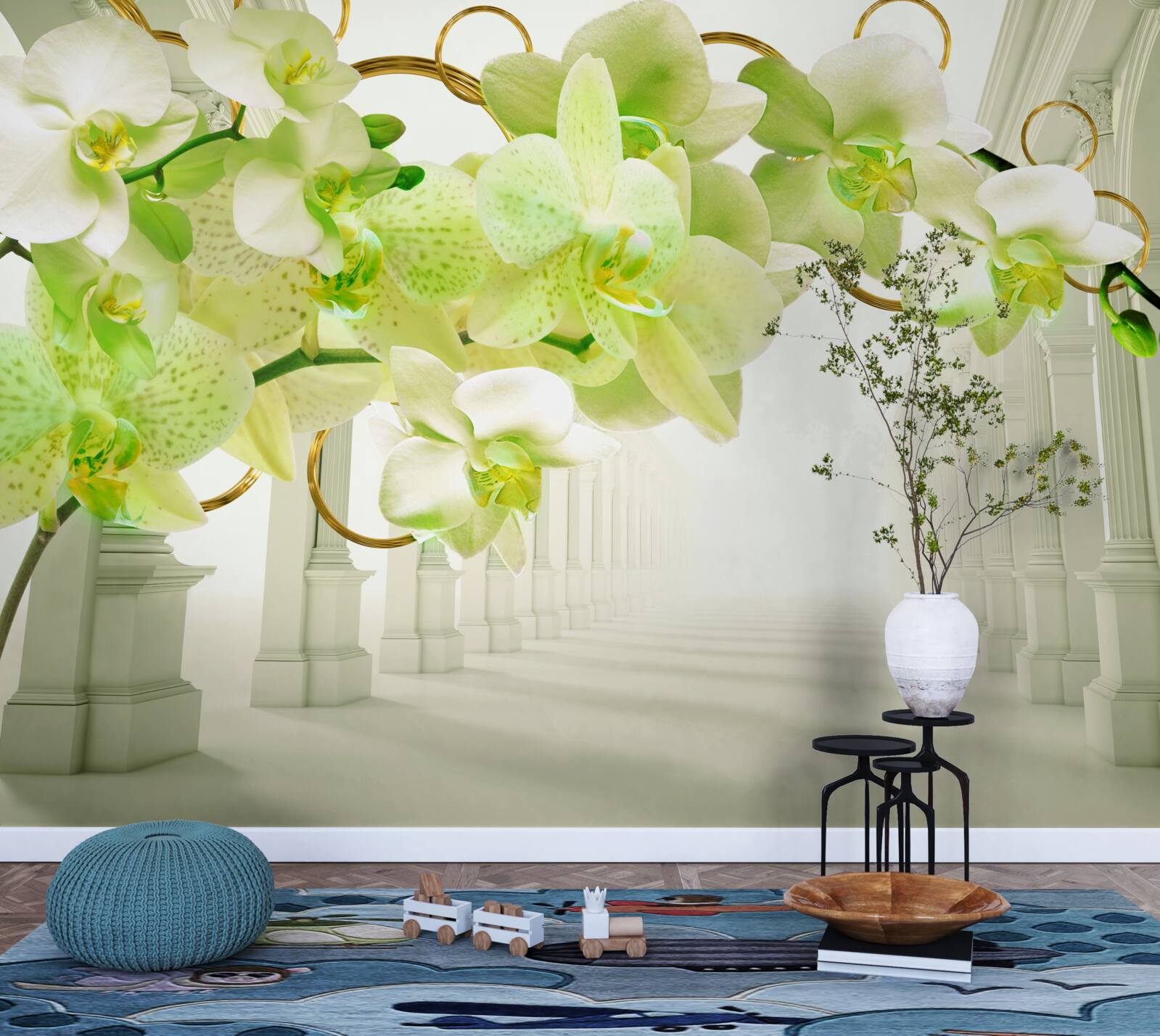 Fototapet orhidee albe și verzi pe stâlpi albi