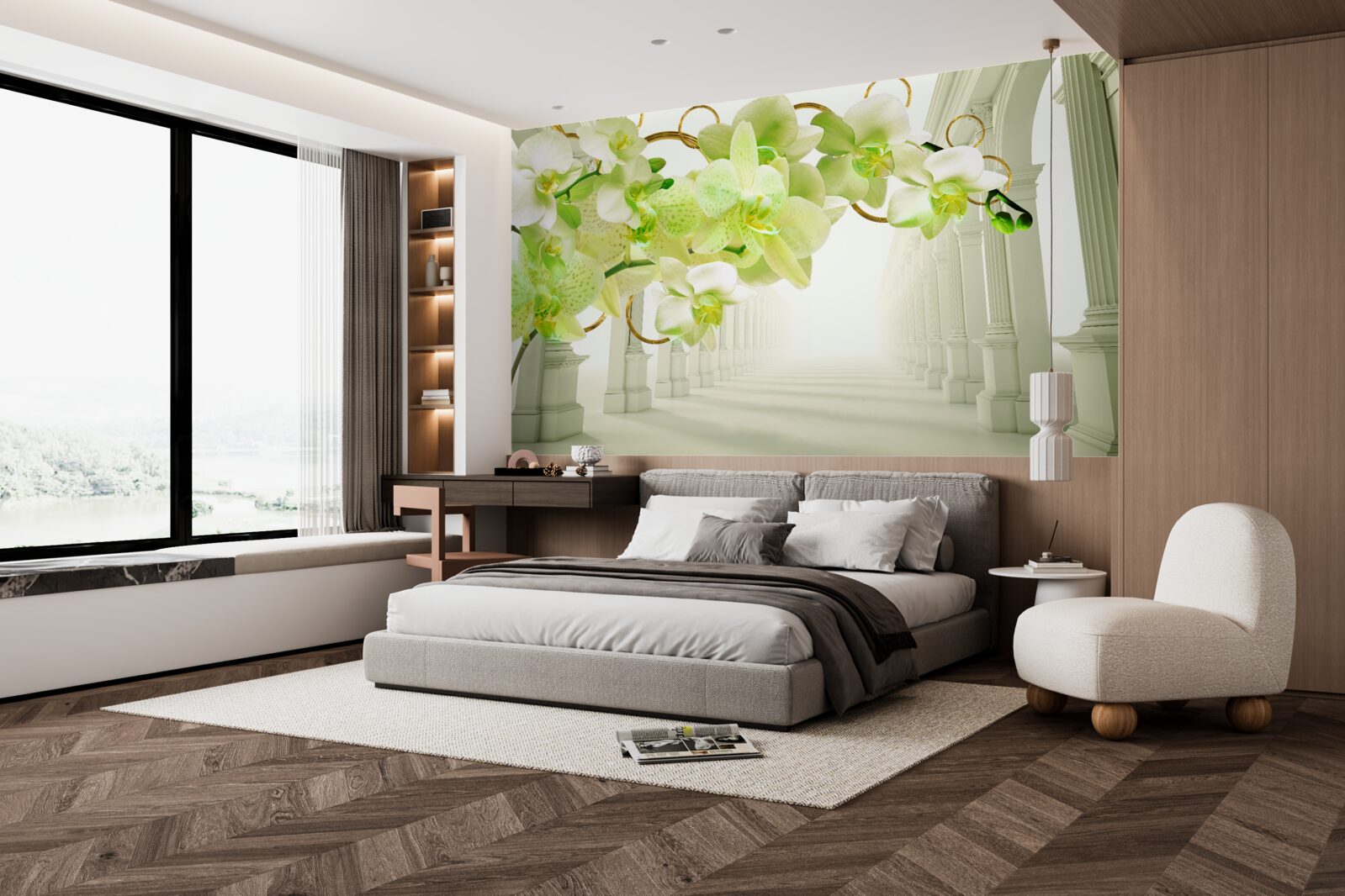 Fototapet orhidee albe și verzi pe stâlpi albi