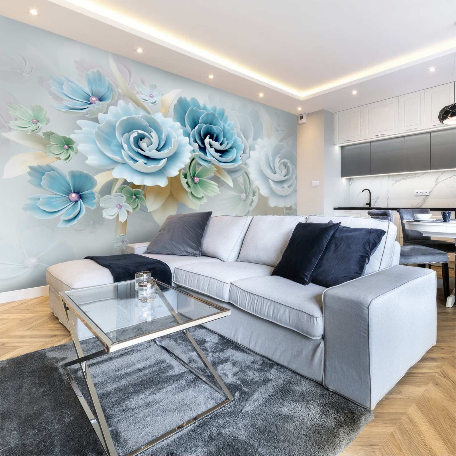 Fototapet trandafiri frumoși cu o nuanță albastră delicată