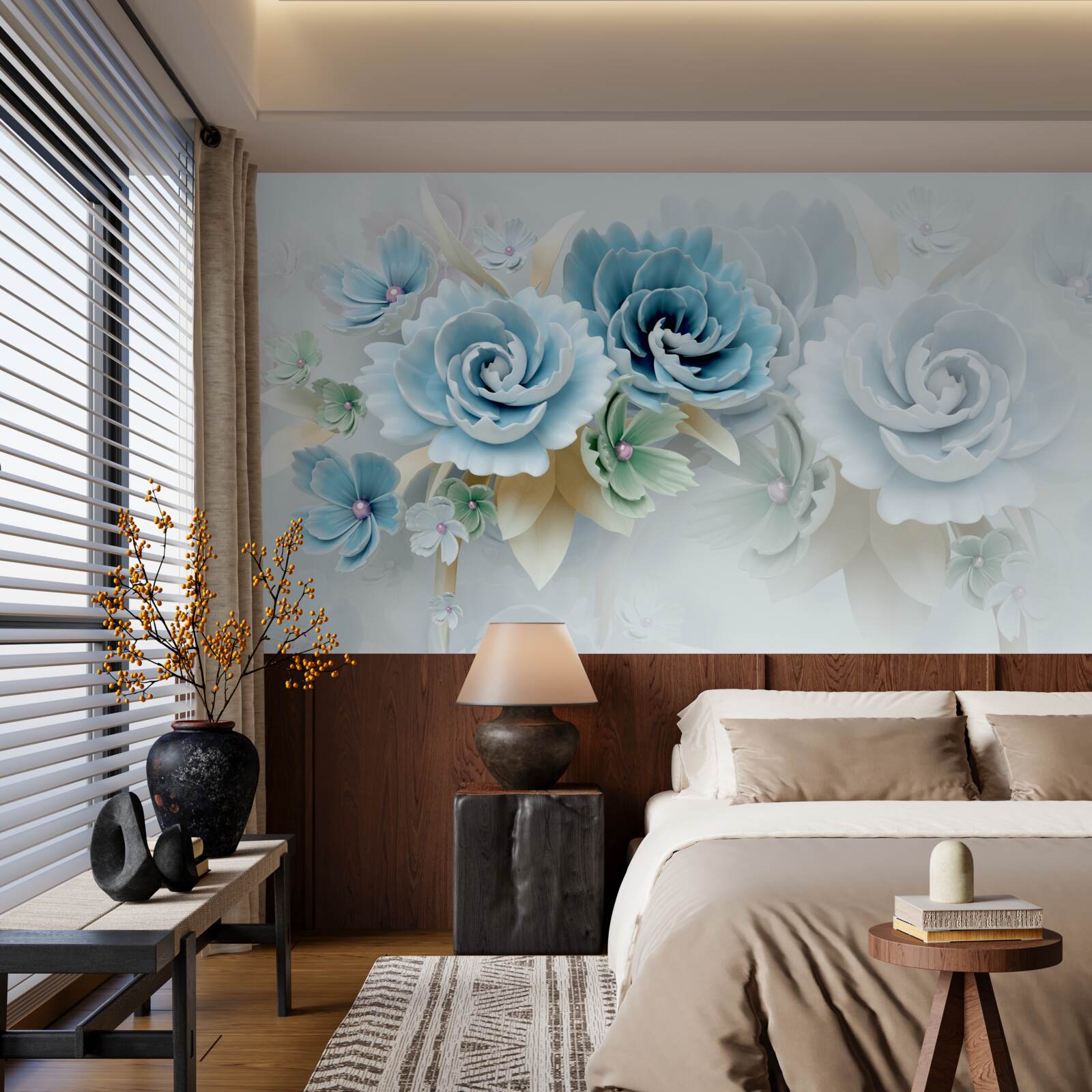 Fototapet trandafiri frumoși cu o nuanță albastră delicată