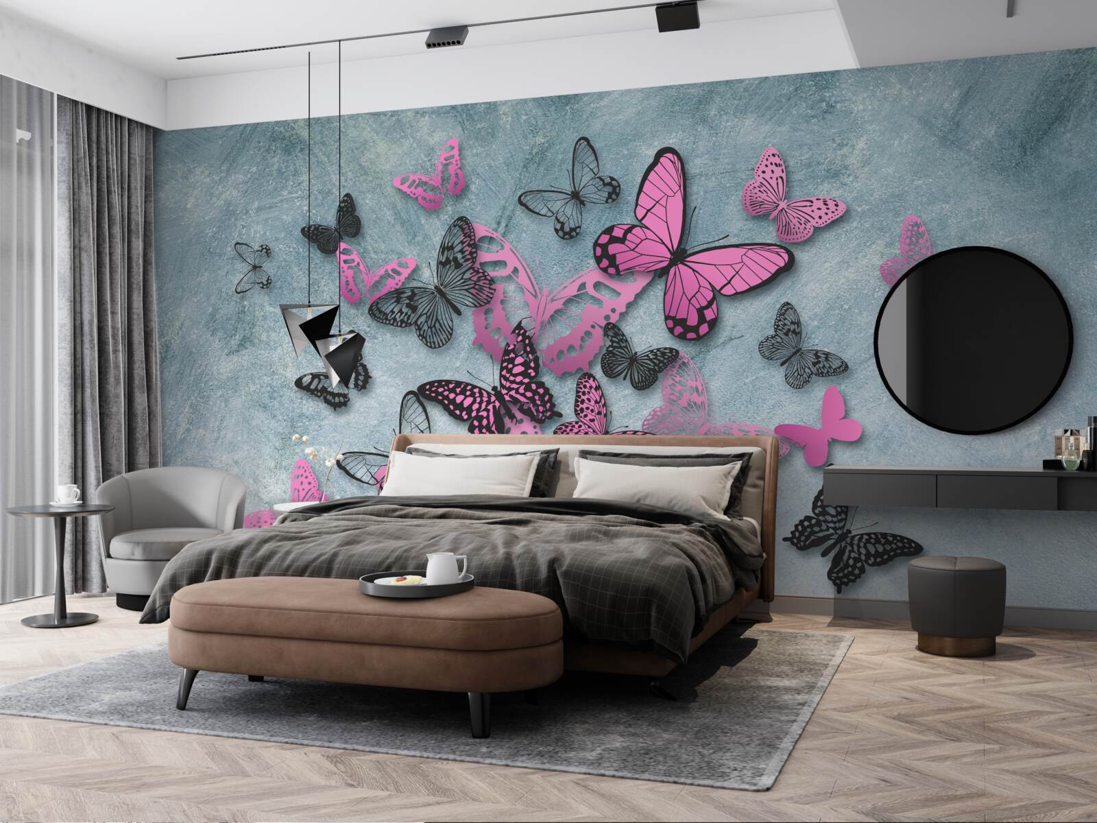 Fototapet grup de fluturi roz