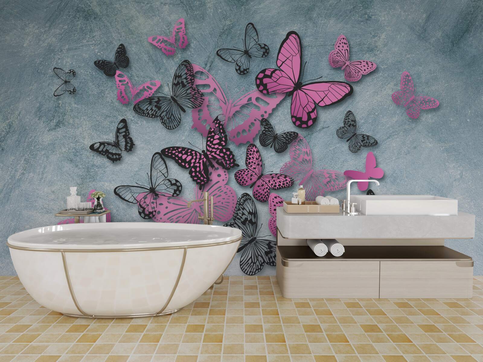 Fototapet grup de fluturi roz