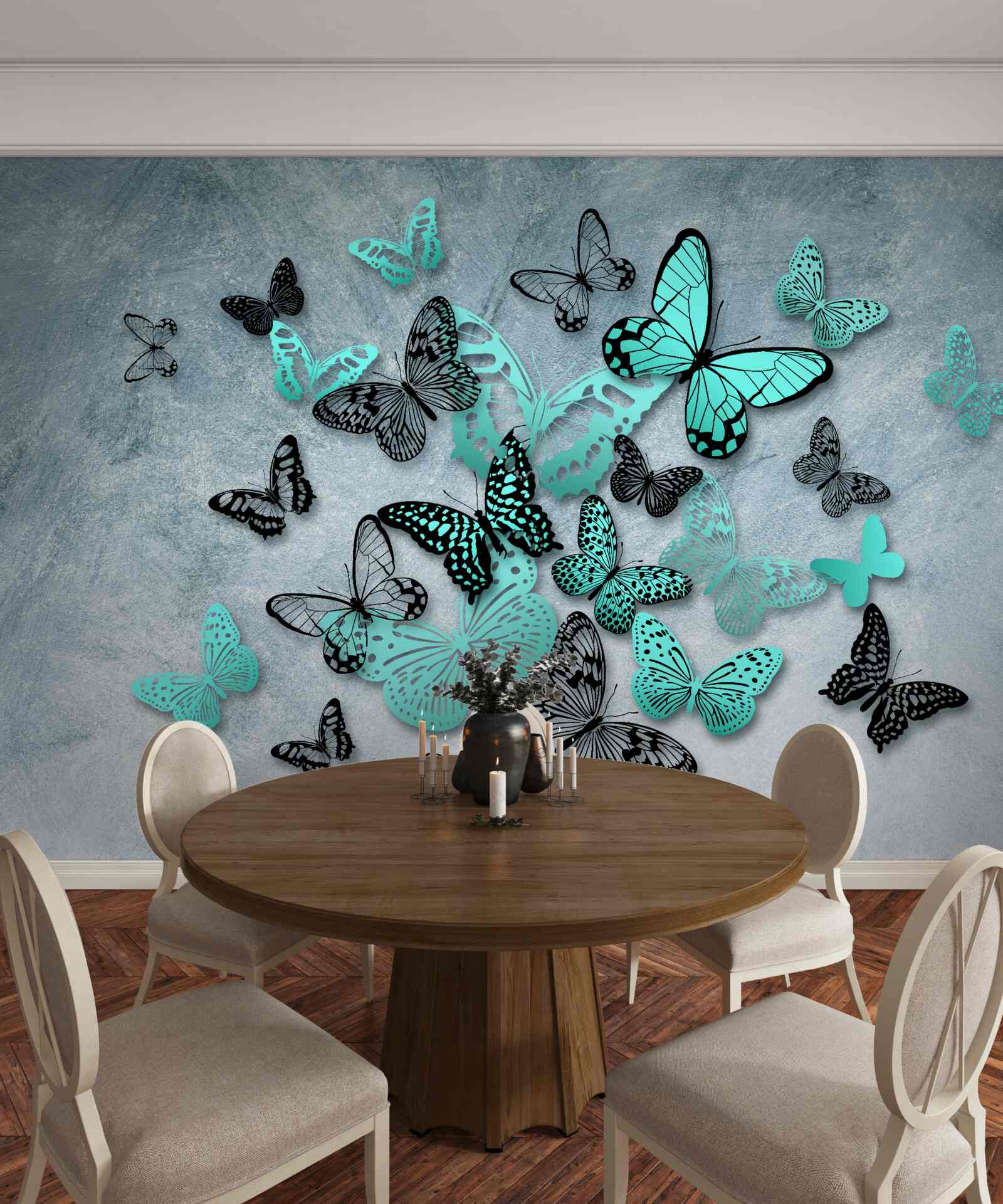 Fototapet fluturi albaștri pe fundal gri