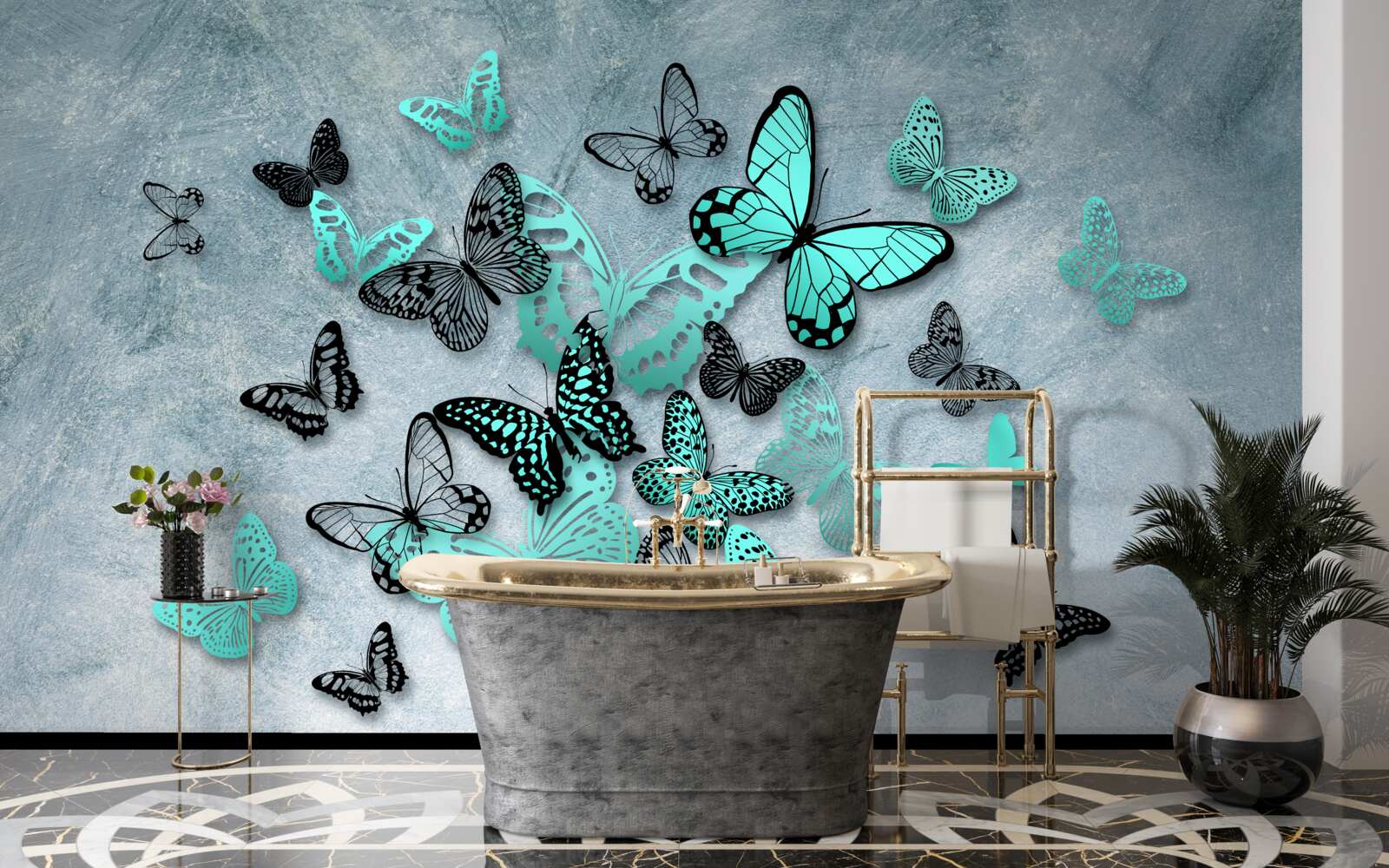 Fototapet fluturi albaștri pe fundal gri