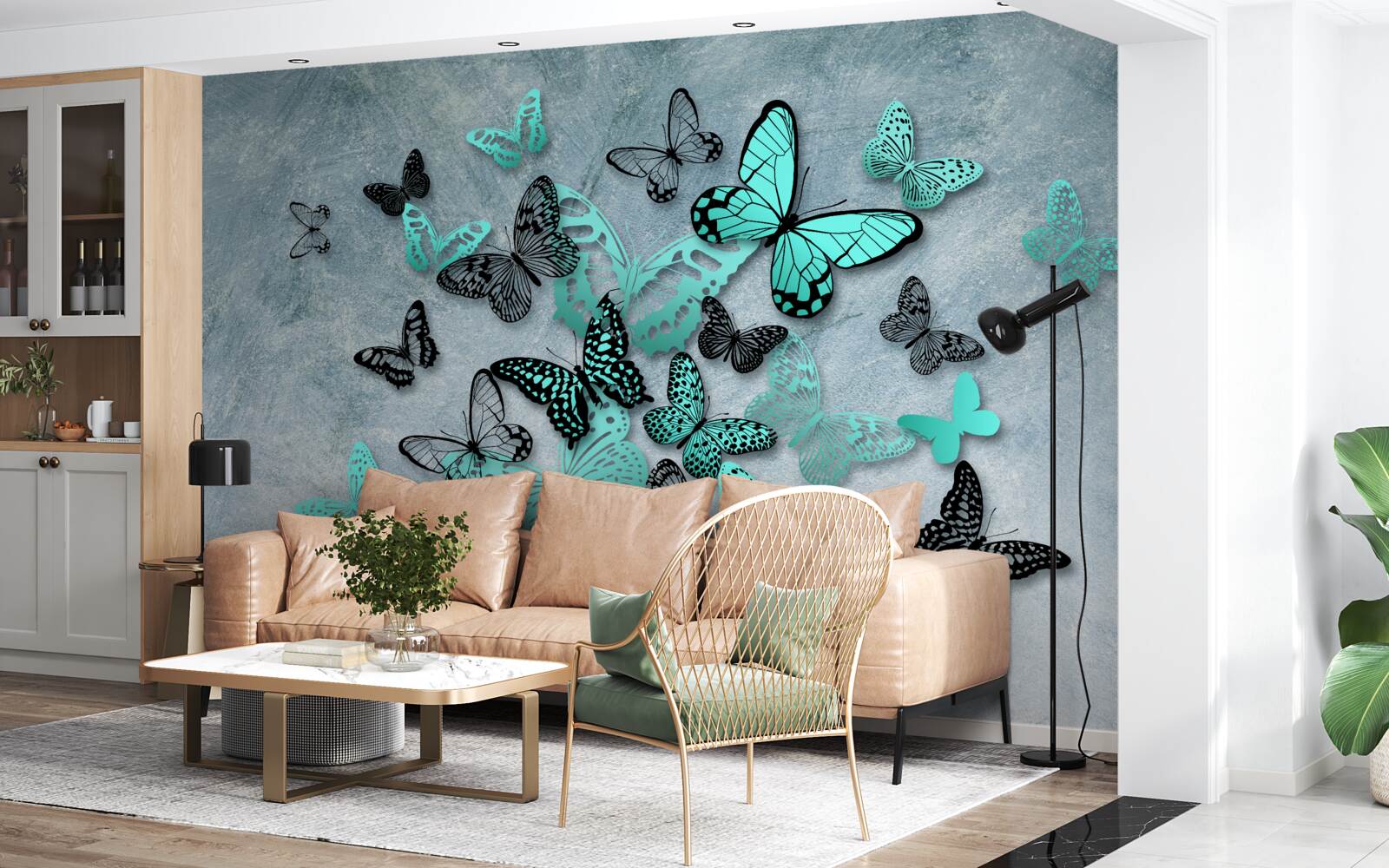 Fototapet fluturi albaștri pe fundal gri