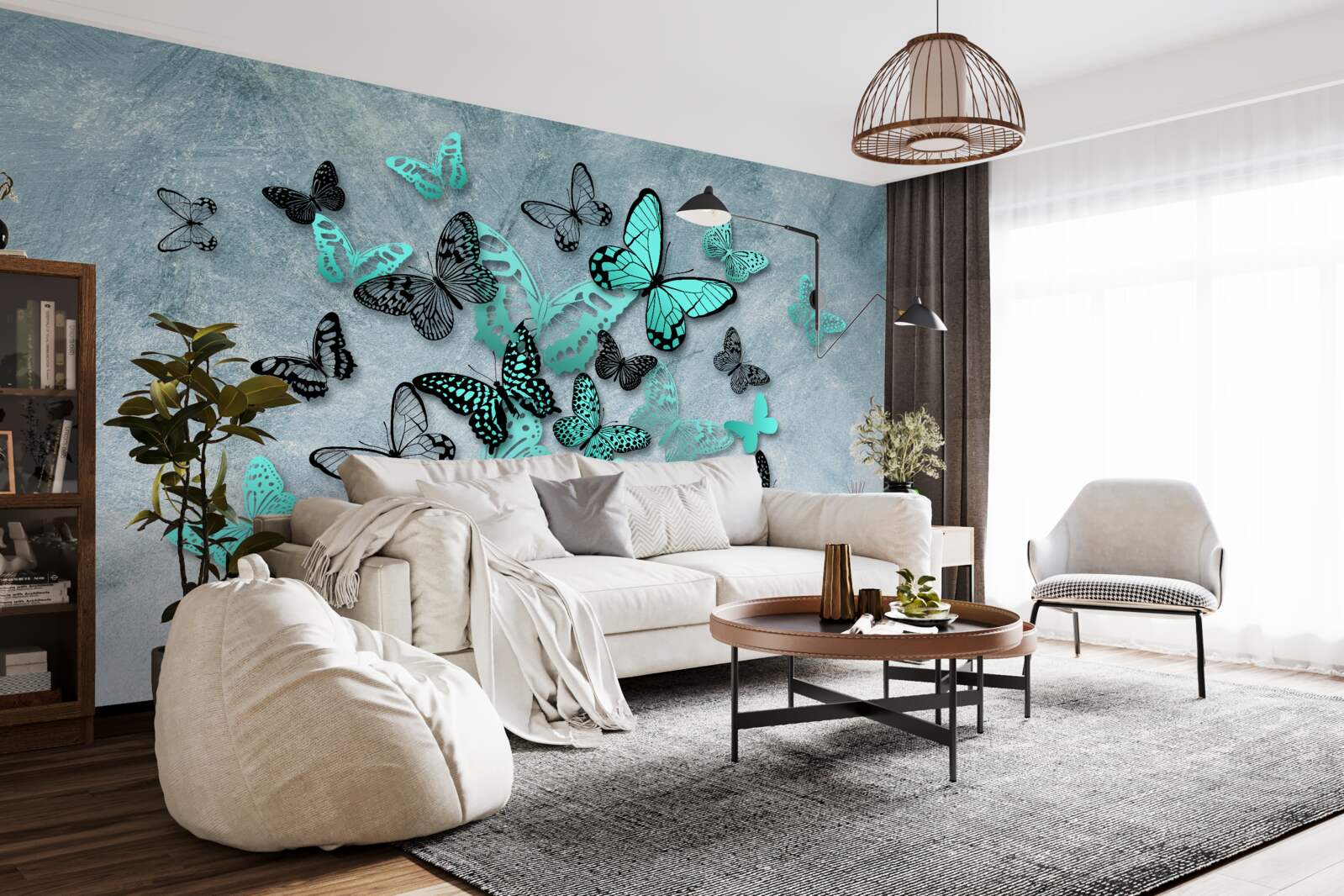 Fototapet fluturi albaștri pe fundal gri