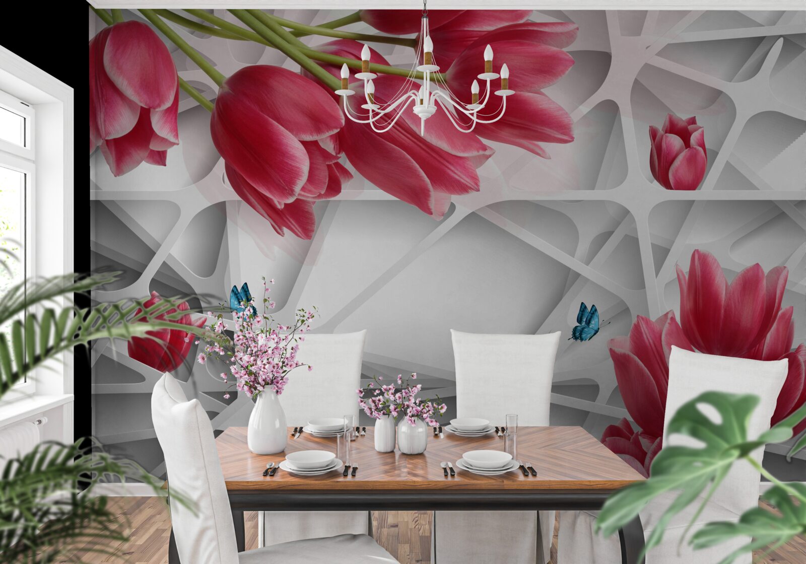 Fototapet fluturi și muguri de lalele stacojii