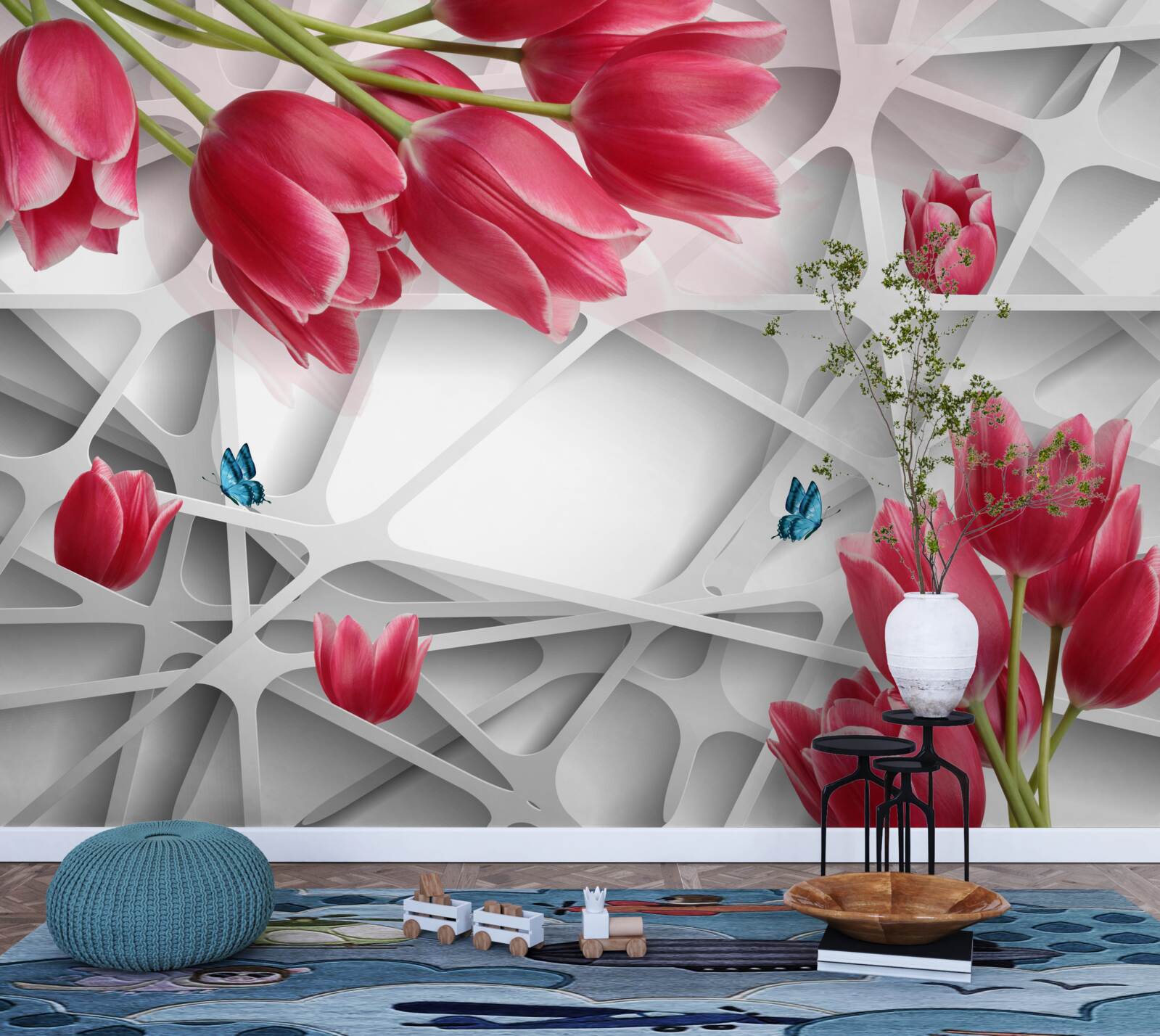 Fototapet fluturi și muguri de lalele stacojii
