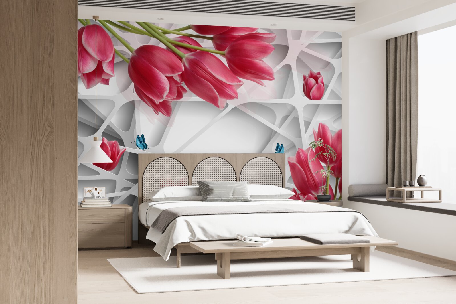 Fototapet fluturi și muguri de lalele stacojii