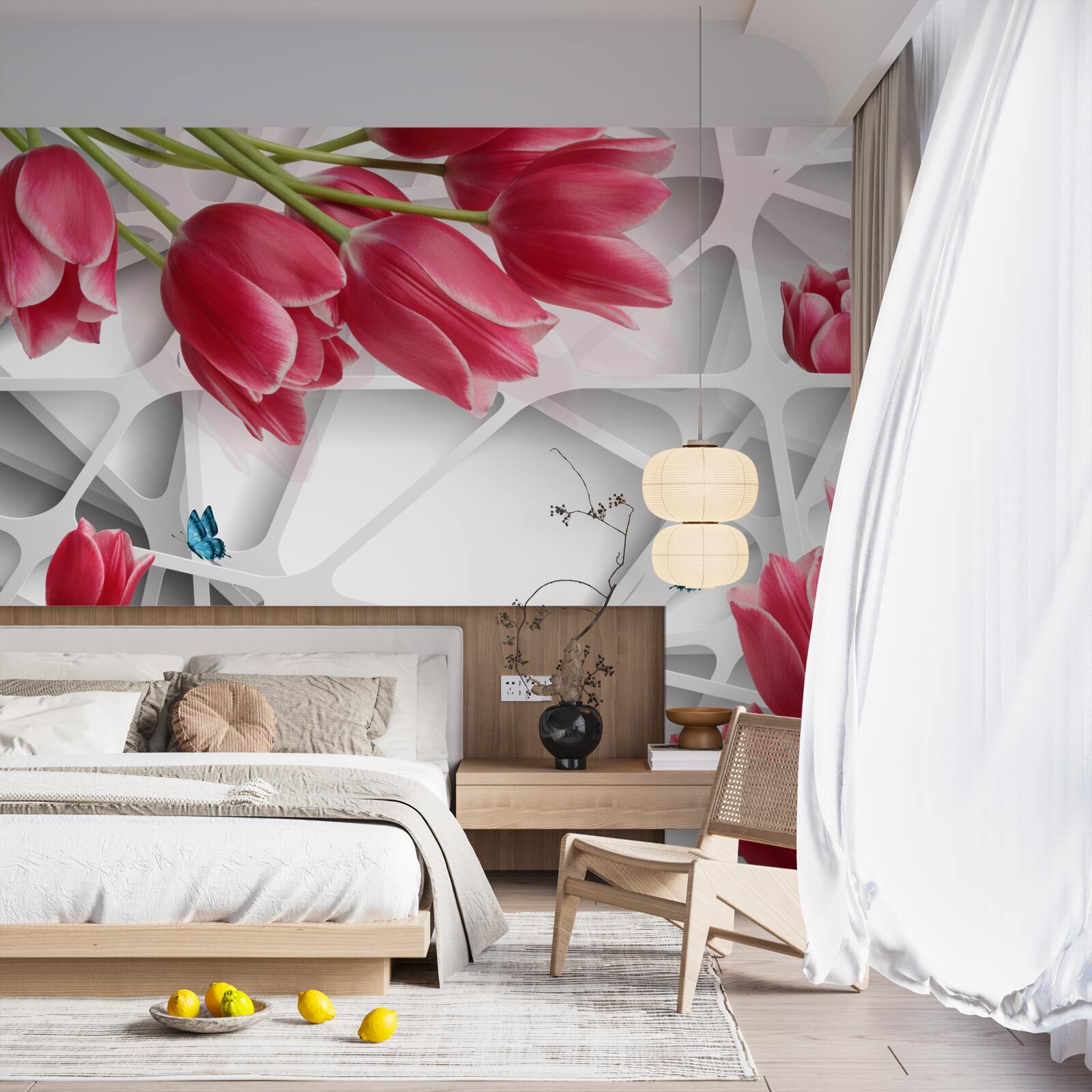 Fototapet fluturi și muguri de lalele stacojii