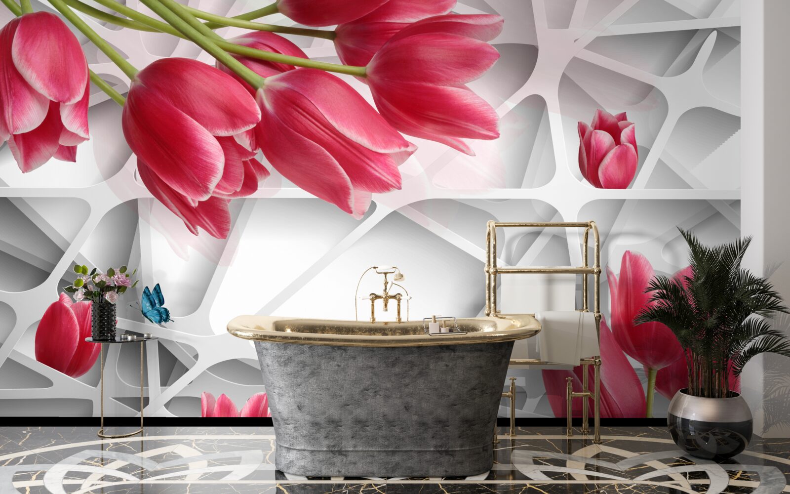 Fototapet fluturi și muguri de lalele stacojii