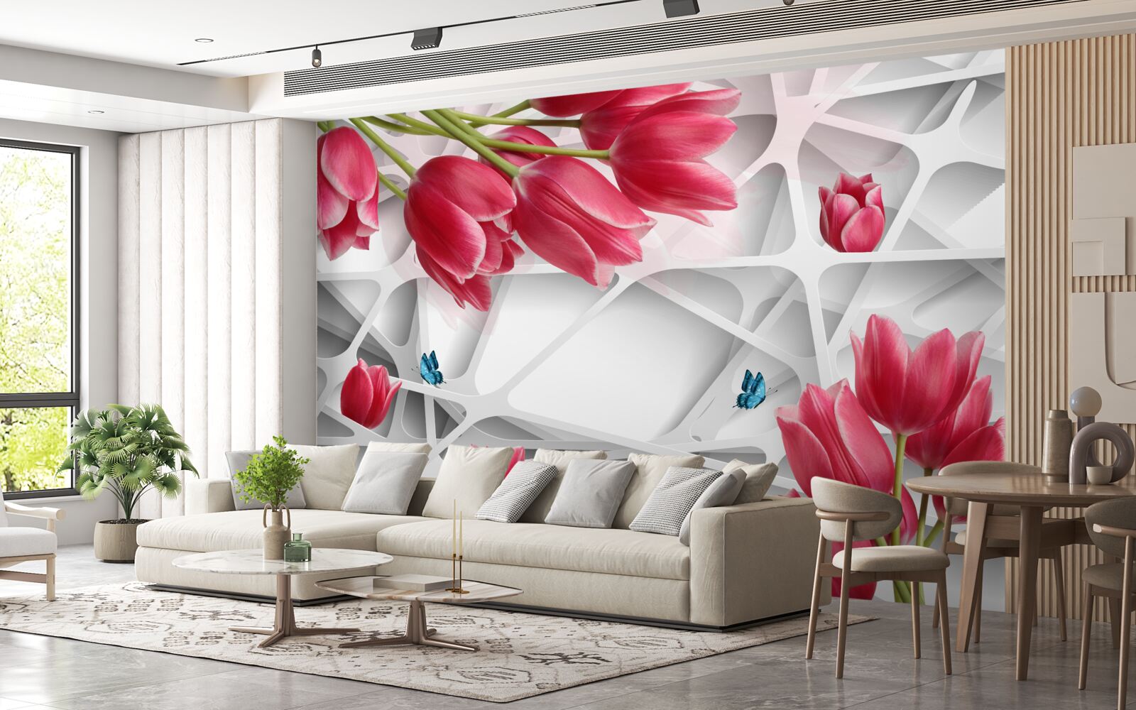 Fototapet fluturi și muguri de lalele stacojii