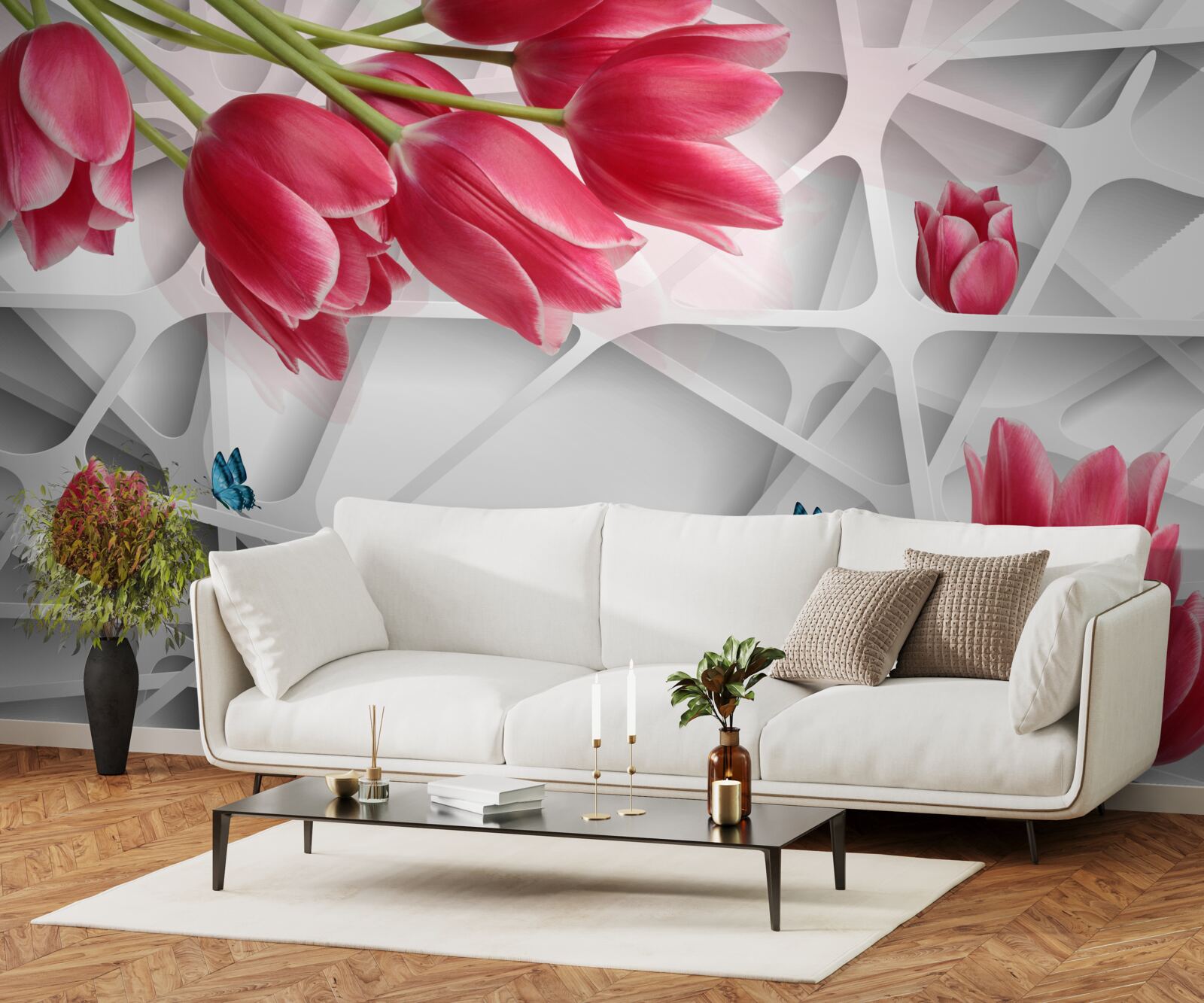 Fototapet fluturi și muguri de lalele stacojii