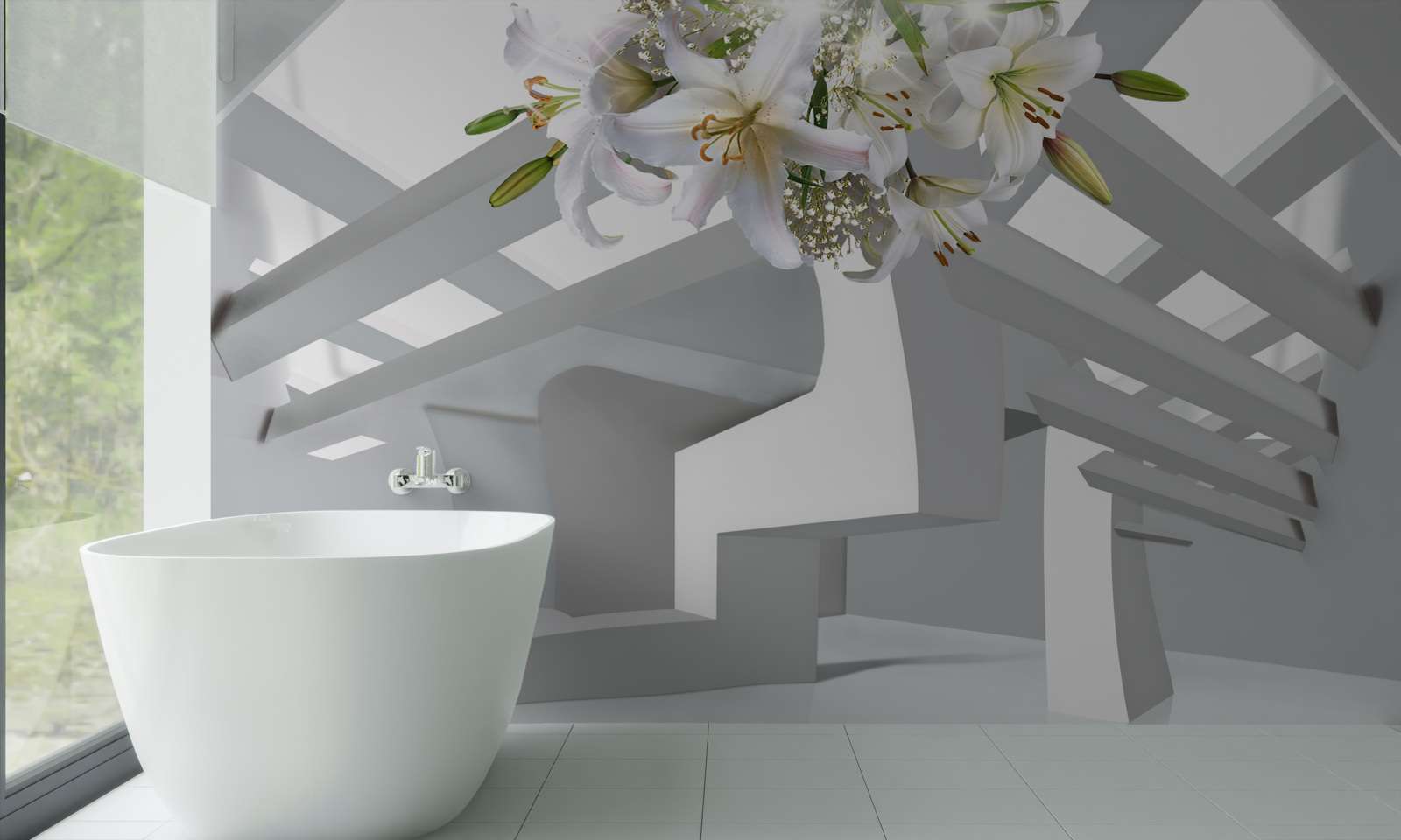 Fototapet crin alb și picturi abstracte