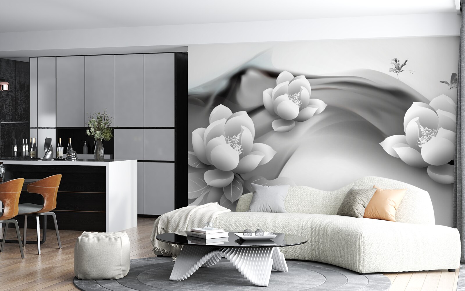 Fototapet nuferi în alb și negru