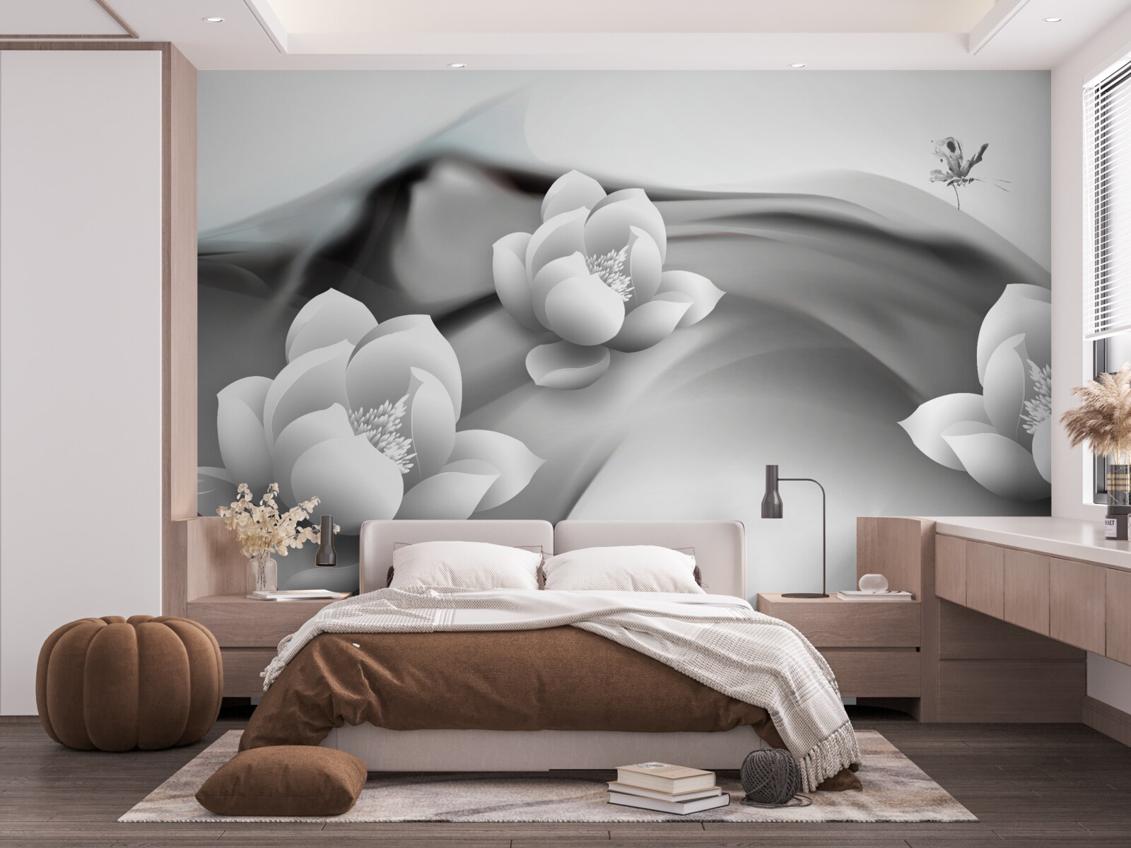 Fototapet nuferi în alb și negru