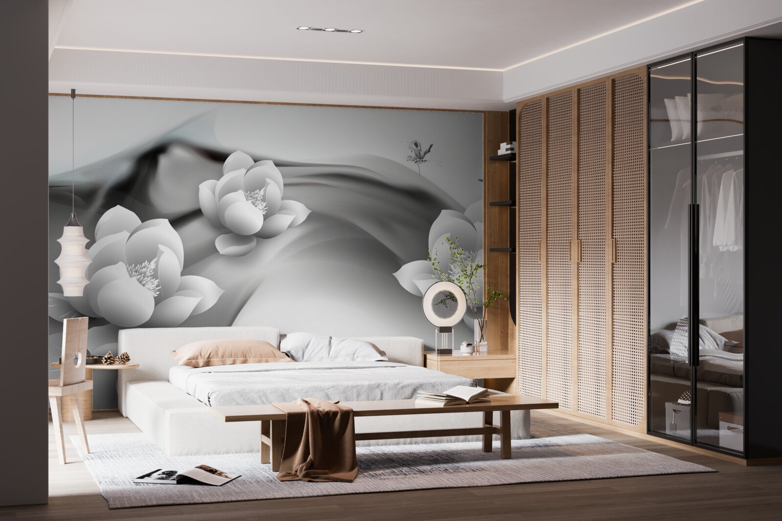 Fototapet nuferi în alb și negru