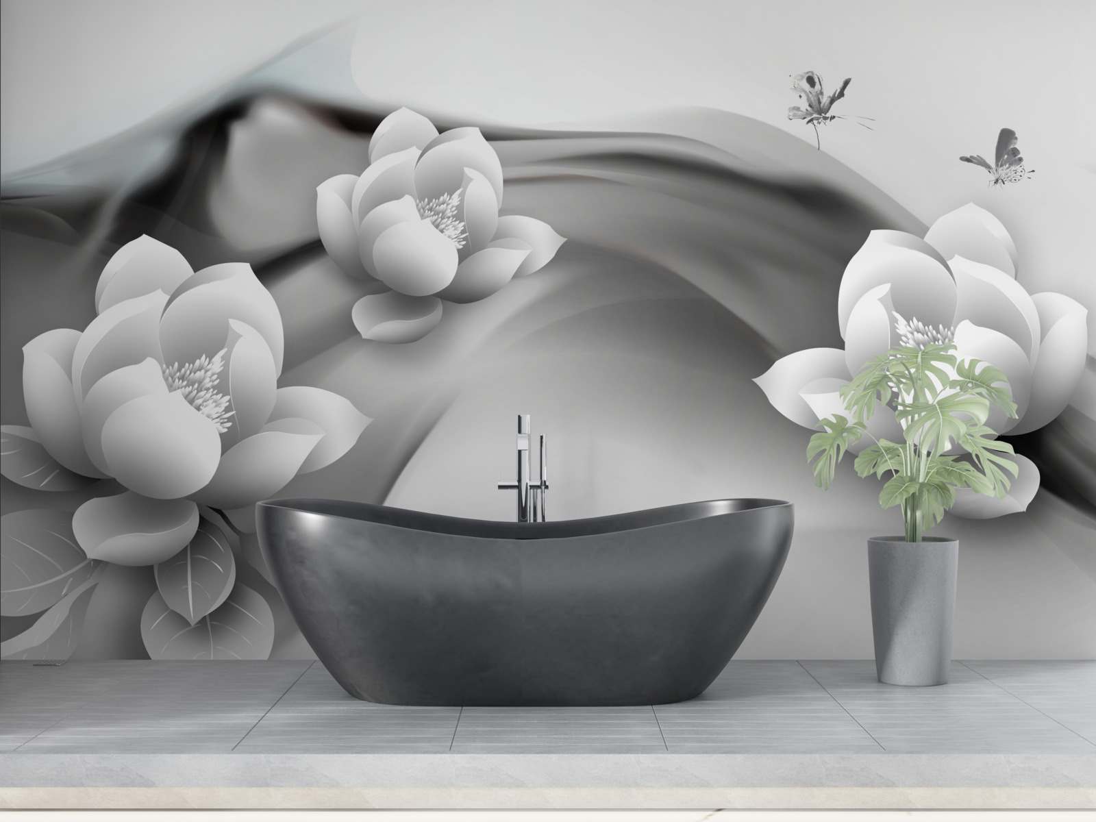 Fototapet nuferi în alb și negru