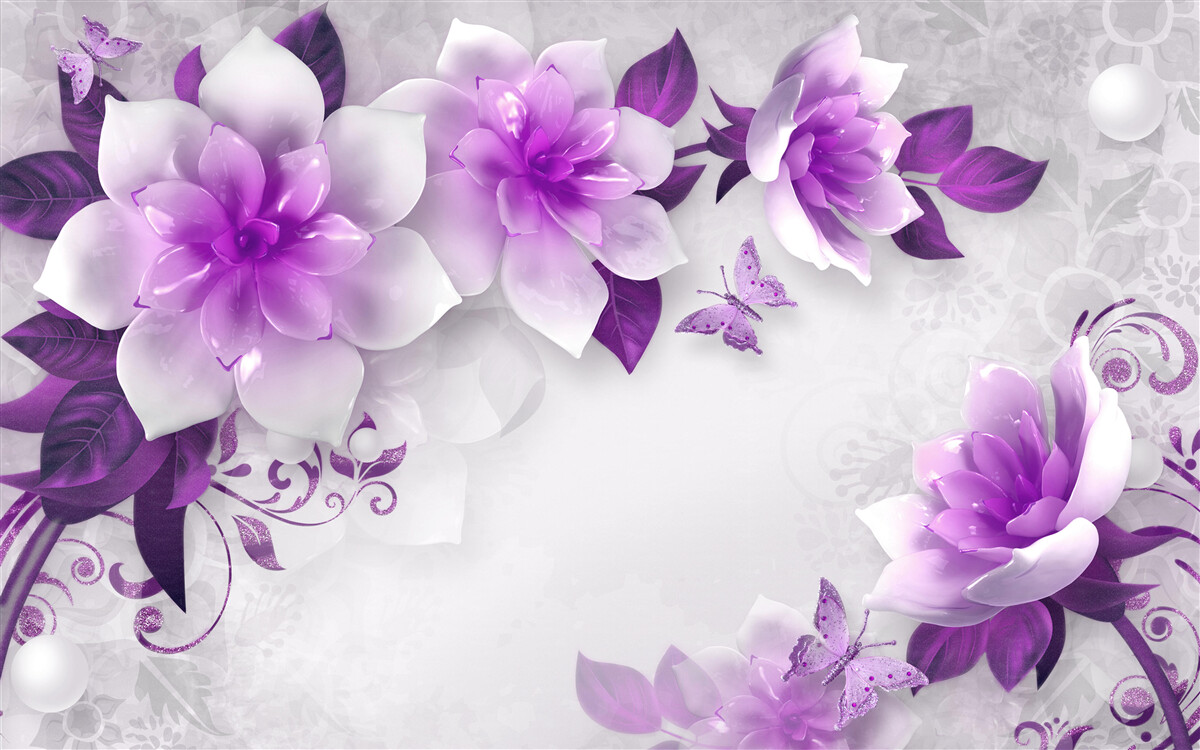 Fototapet fundal alb decorat cu flori violete