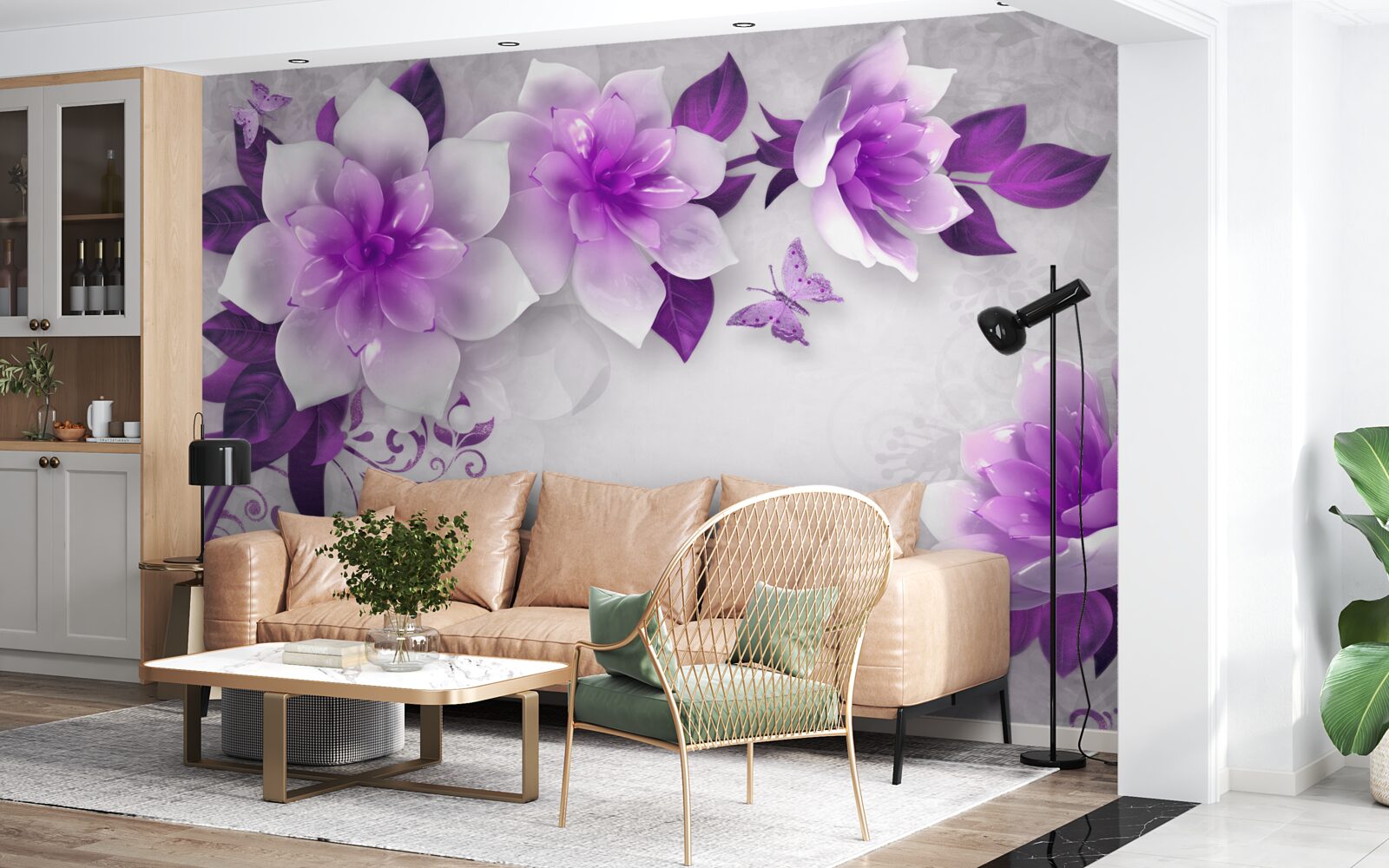 Fototapet fundal alb decorat cu flori violete