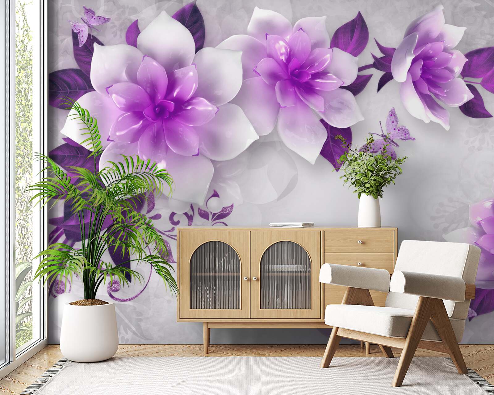 Fototapet fundal alb decorat cu flori violete