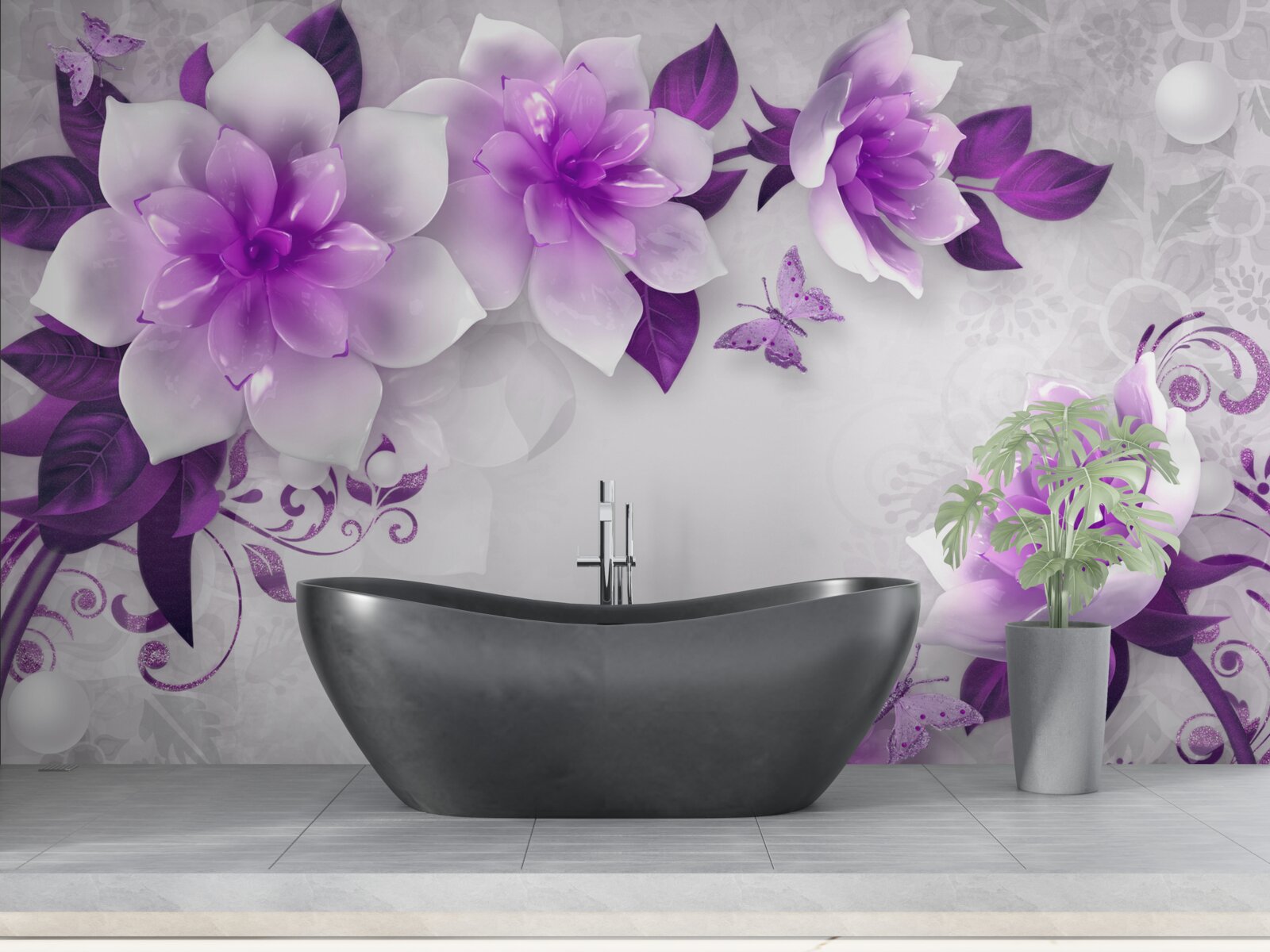 Fototapet fundal alb decorat cu flori violete