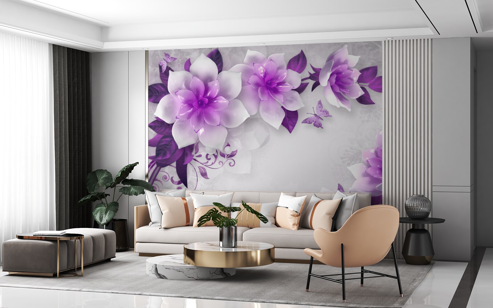 Fototapet fundal alb decorat cu flori violete