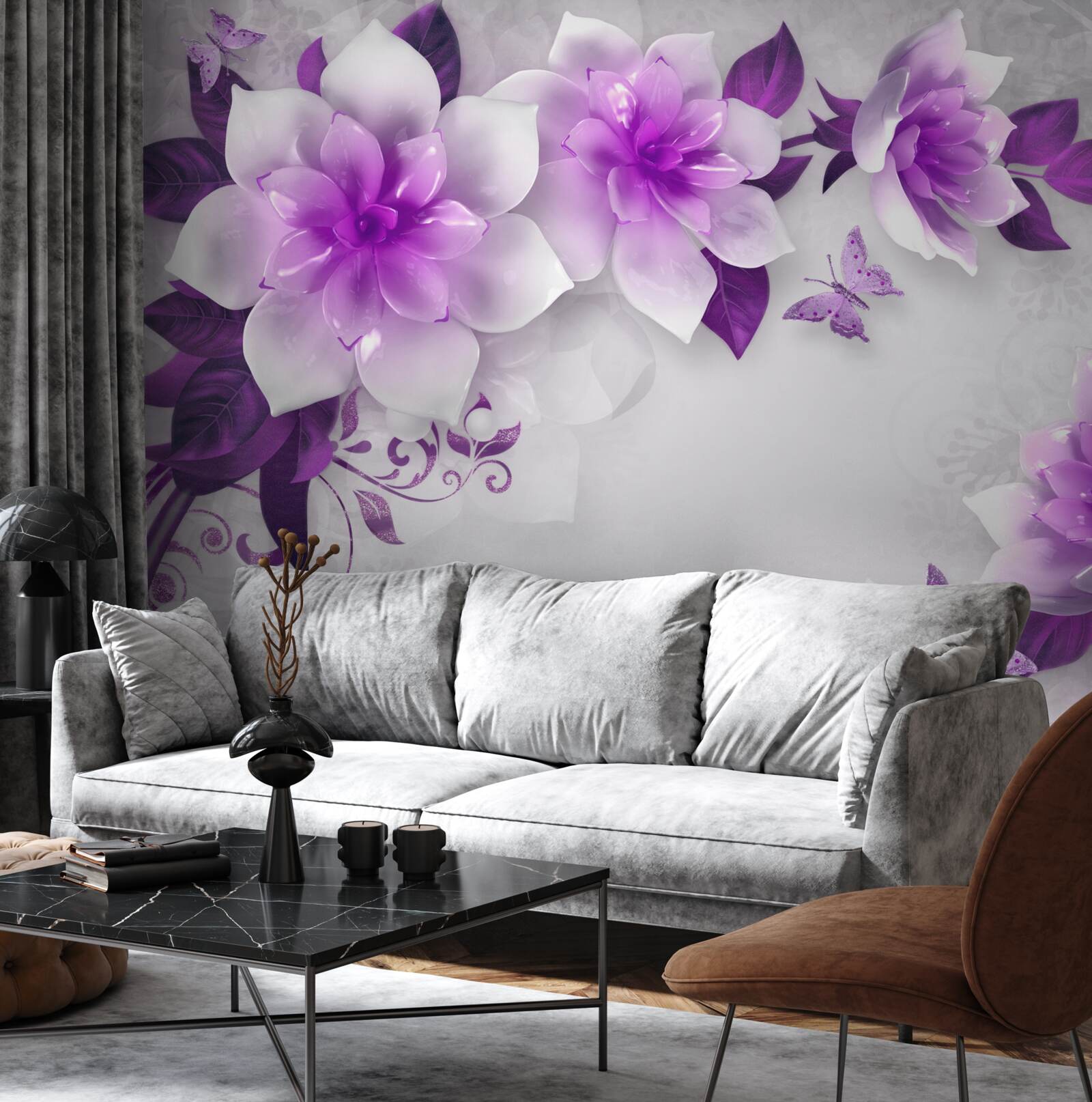 Fototapet fundal alb decorat cu flori violete