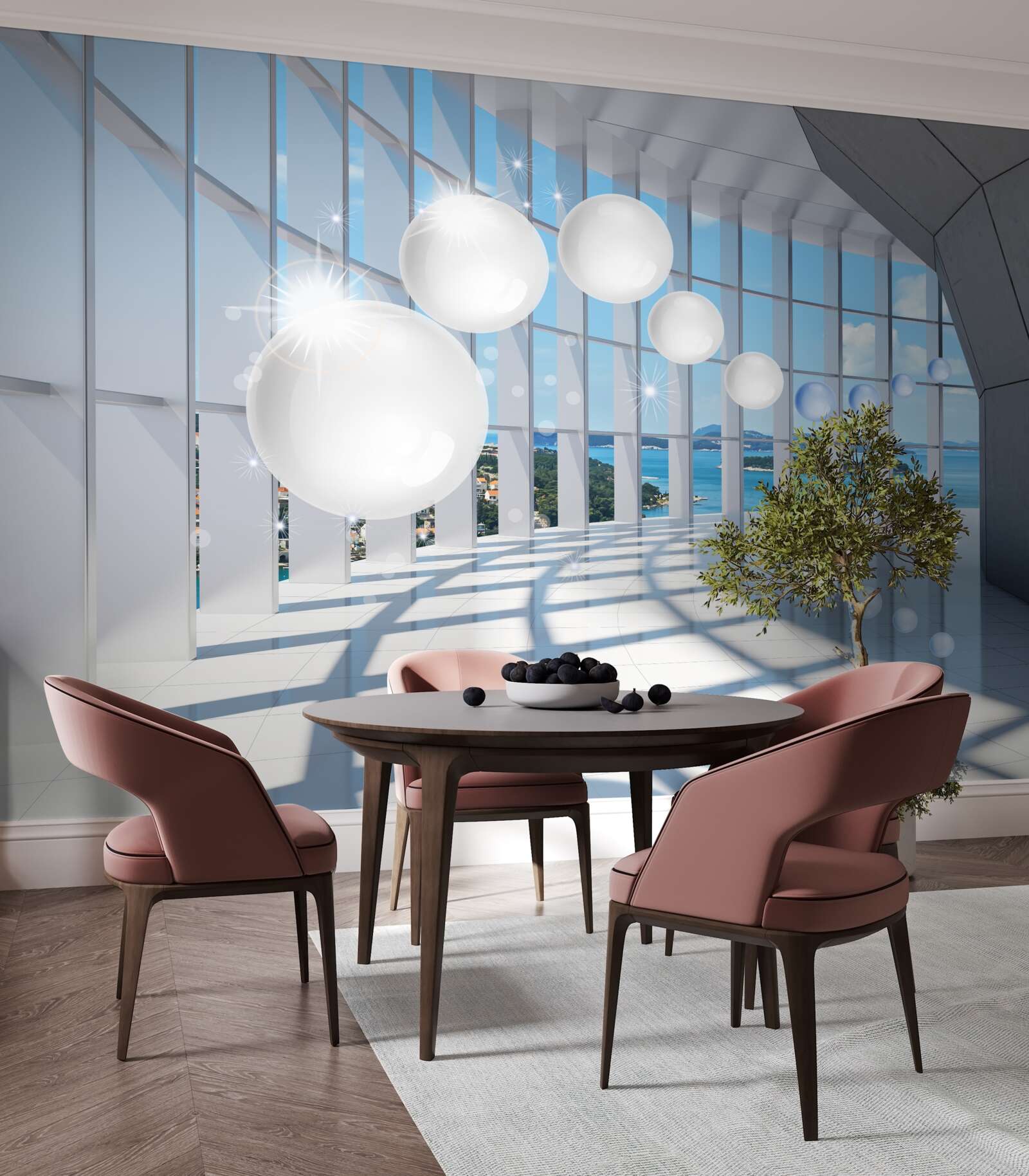 Fototapet pe fundalul cerului, bile albe zboară în tunel