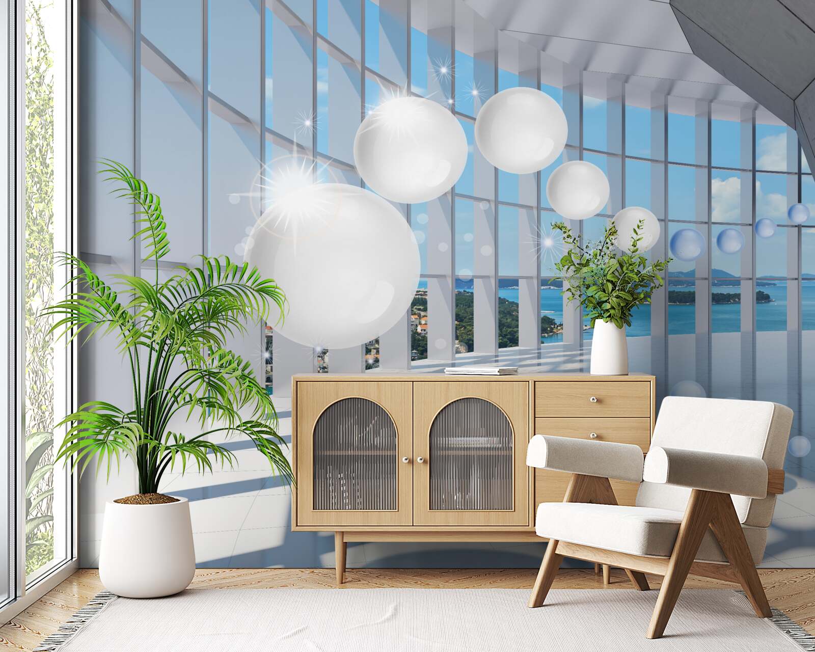 Fototapet pe fundalul cerului, bile albe zboară în tunel