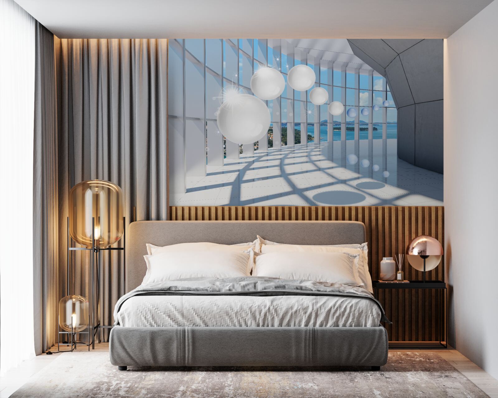 Fototapet pe fundalul cerului, bile albe zboară în tunel