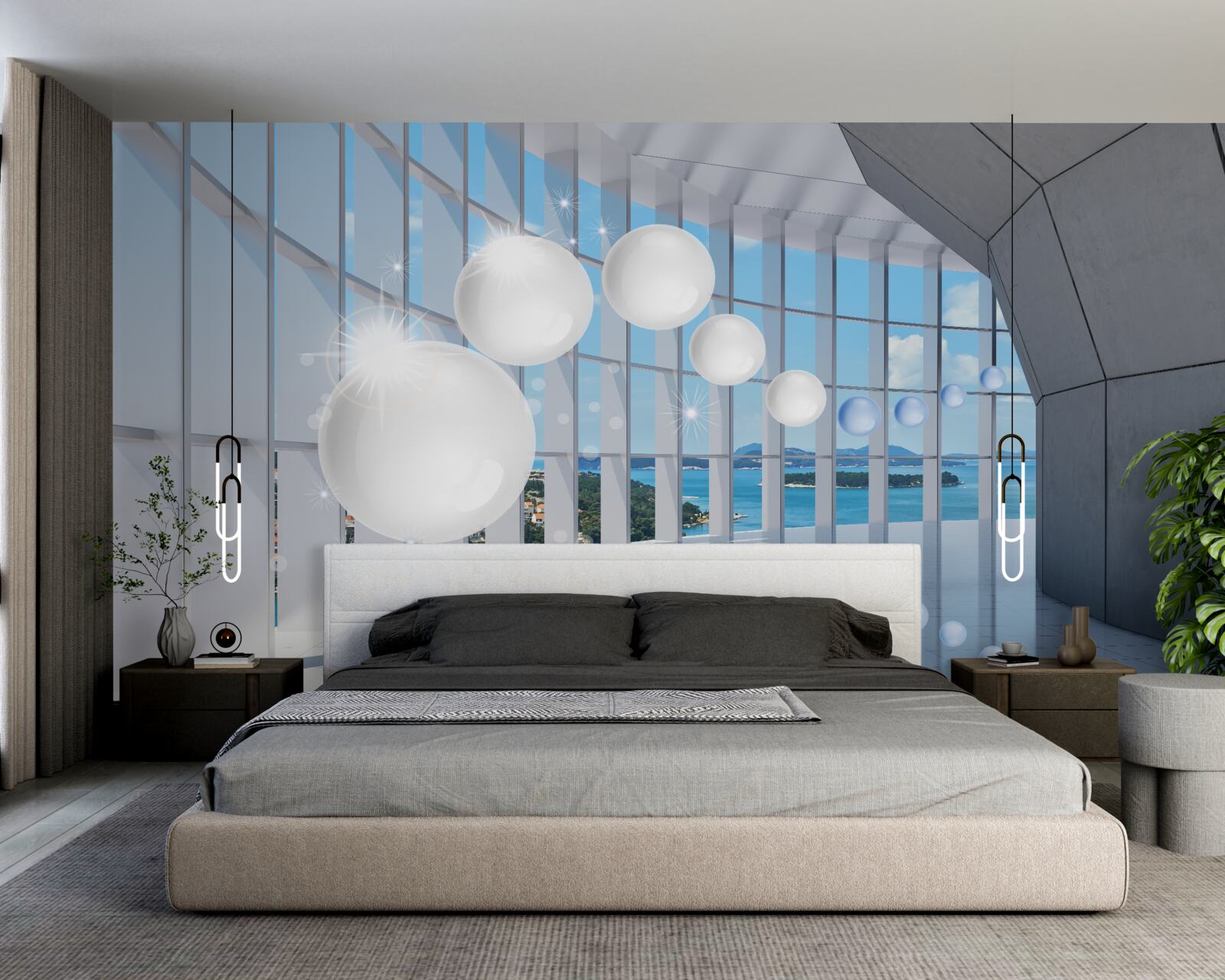 Fototapet pe fundalul cerului, bile albe zboară în tunel