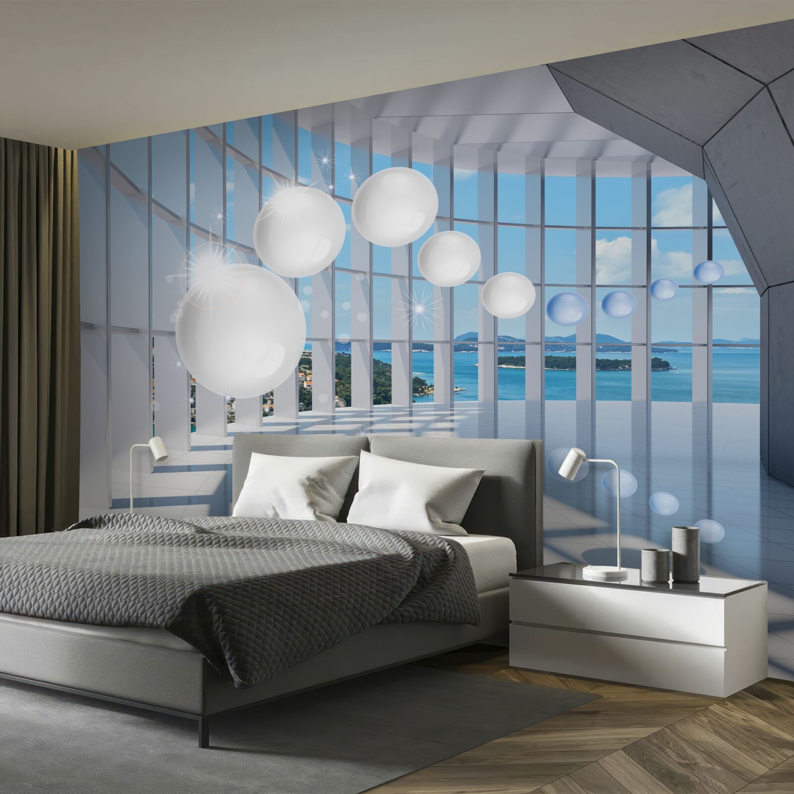 Fototapet pe fundalul cerului, bile albe zboară în tunel